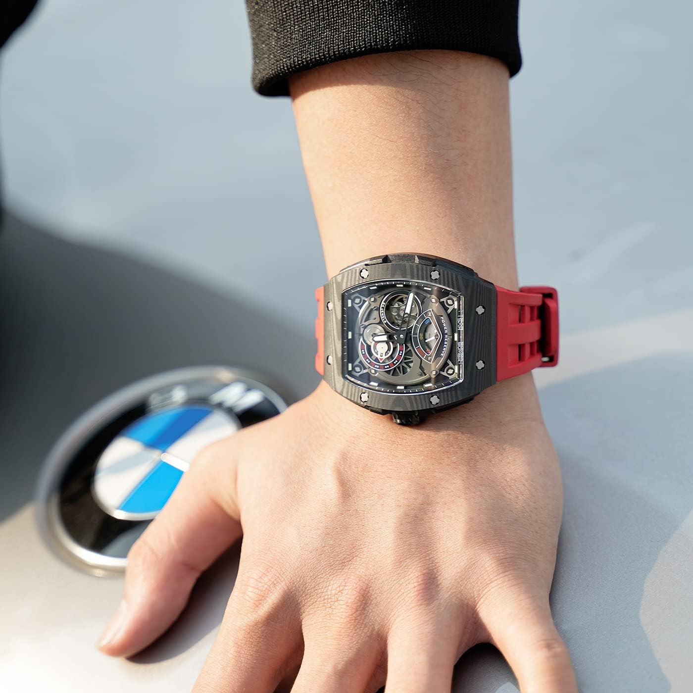 Watchs for Men Automatic - Luxury Tonneau Watch - Energy Storage Indicator - Sapphire Glass - 50m Waterproof - Fluororubber Strap - Gifts for Men