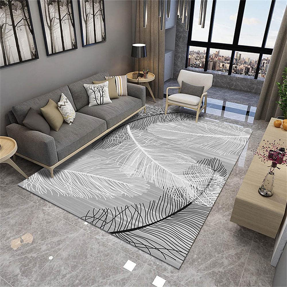 Tapis de sol bureau gris 200x300cm sans poils à motif plumes pour salon et chambre