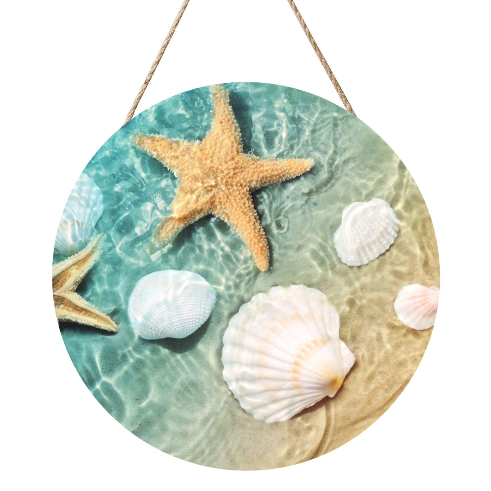 InOmak Beach Starfish Seashells, Round Wood Panel Painting 12 in, Wall Hanging Painting For Home