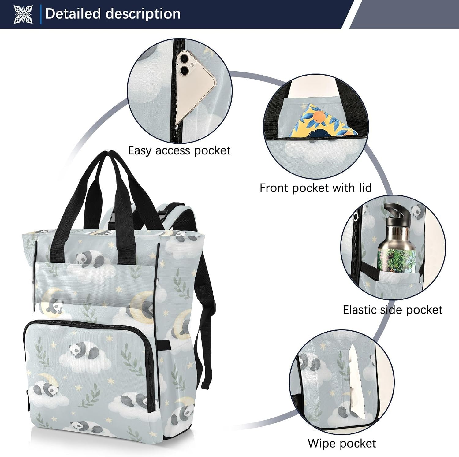SPRIPORT Panda Cloud Leaves Gray Pattern Diaper Bag Backpack for Baby Boys Girls Travel Tote with Stroller Straps & Bottle Storage Maternity Baby Changing Bags for Moms Dads Traveling Shopping Hiking