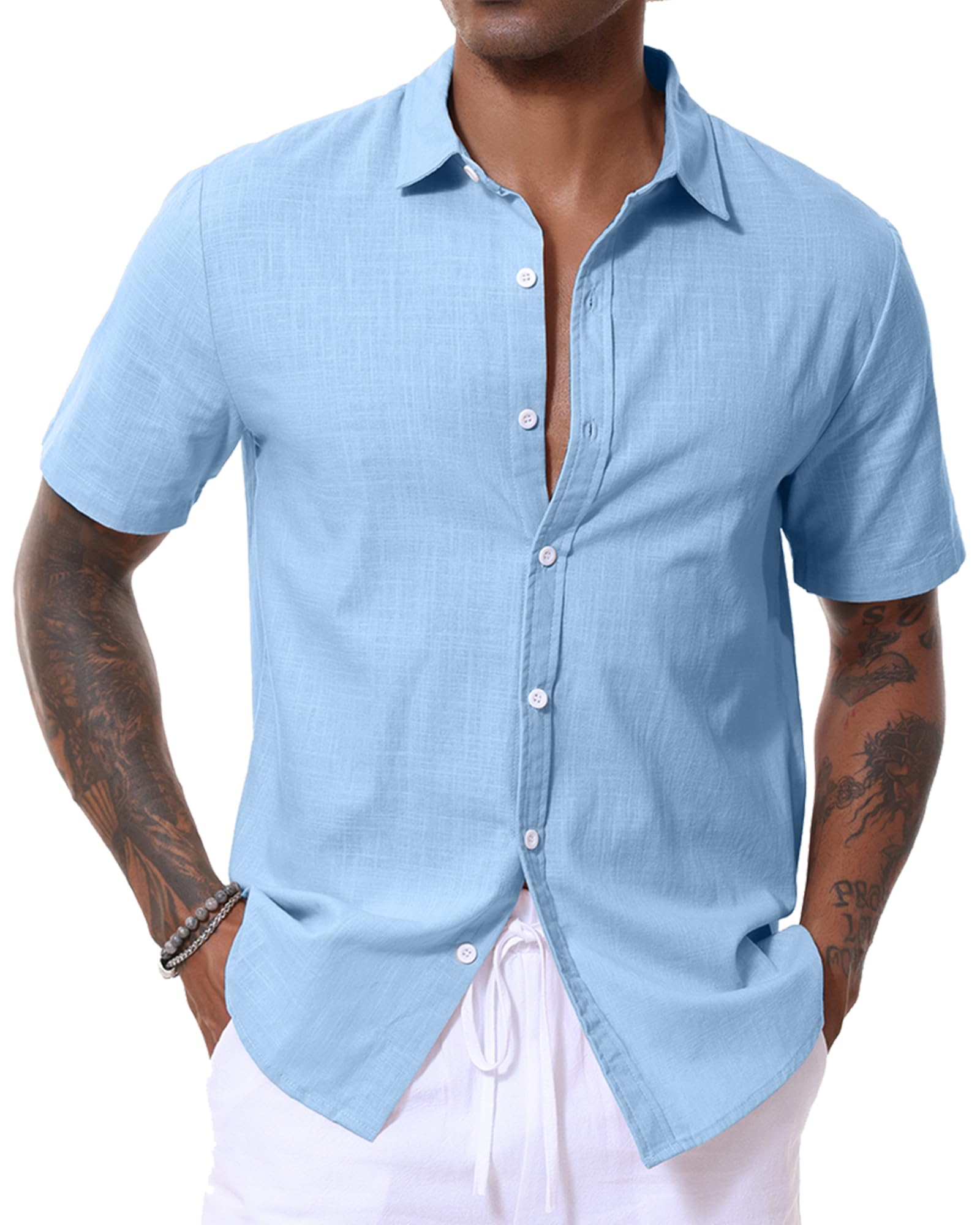 LVCBL Camisa de lino para hombre, manga corta, camiseta de lino, camisa de ocio, verano, informal, corte regular, M-3XL