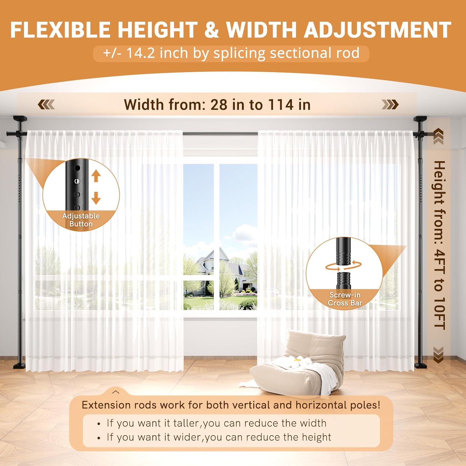 Room Divider Curtain Rod, No Drilling Wall Divider for Room Separation, Adjustable 4-10ft(H) 28-114inch(W) Heavy Duty Temporary Wall Divider Floor to Ceiling Tension Rod,Black
