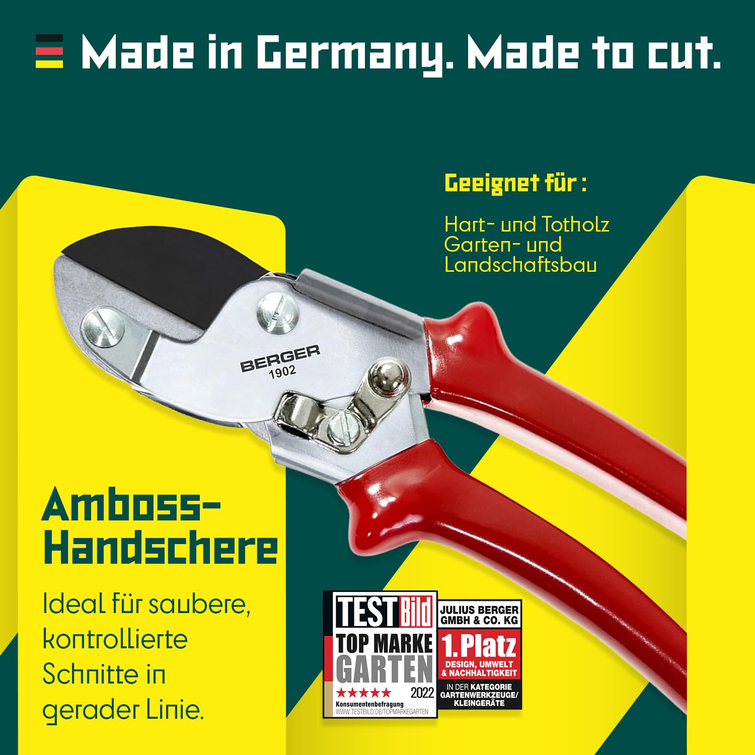 BERGER Amboss-Handschere 1902 | Amboss Gartenschere mit geradem Schneidkopf & antihaftbeschichteter Klinge | Profi Ambossschere aus Metall mit Einhandverschluss | Für Tot-& Hartholz | Made in Germany