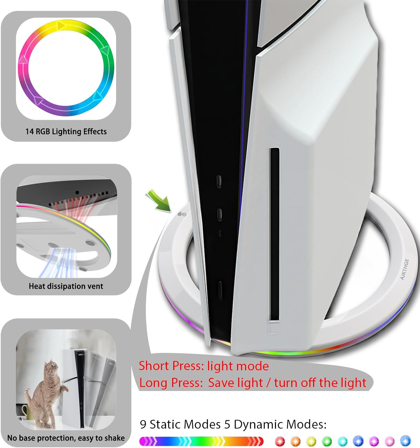 RGB Vertical Stand for PS5/PS5 Slim/PS5 Pro Console – Compatible with PS5/PS5 Slim/PS5 Pro Disc and Digital Edition, LED RGB Base Stand with 14 Light Modes (Black) - Image 5