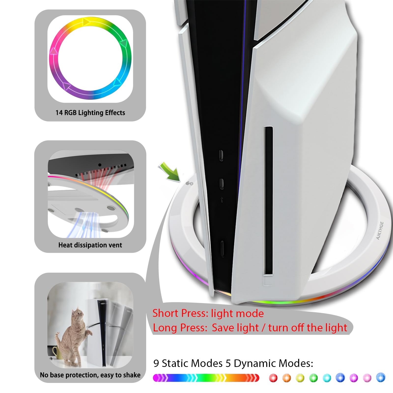 Soporte vertical RGB para consola PS5/PS5 Slim/PS5 Pro, compatible con PS5/PS5 Slim/PS5 Pro Disc y edición digital, soporte base LED RGB con 14 modos de luz (negro)