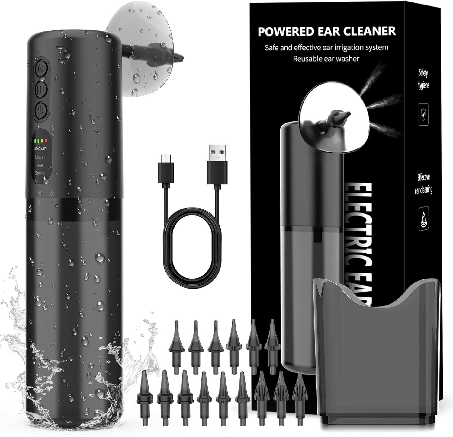 Electric Ear Wax Removal Kit, Ear Cleaning Tool with 4 Pressure Modes, Earwax Cleaner, Ear Irrigation Flushing System for Adults, Safe and Effective, USB Rechargeable