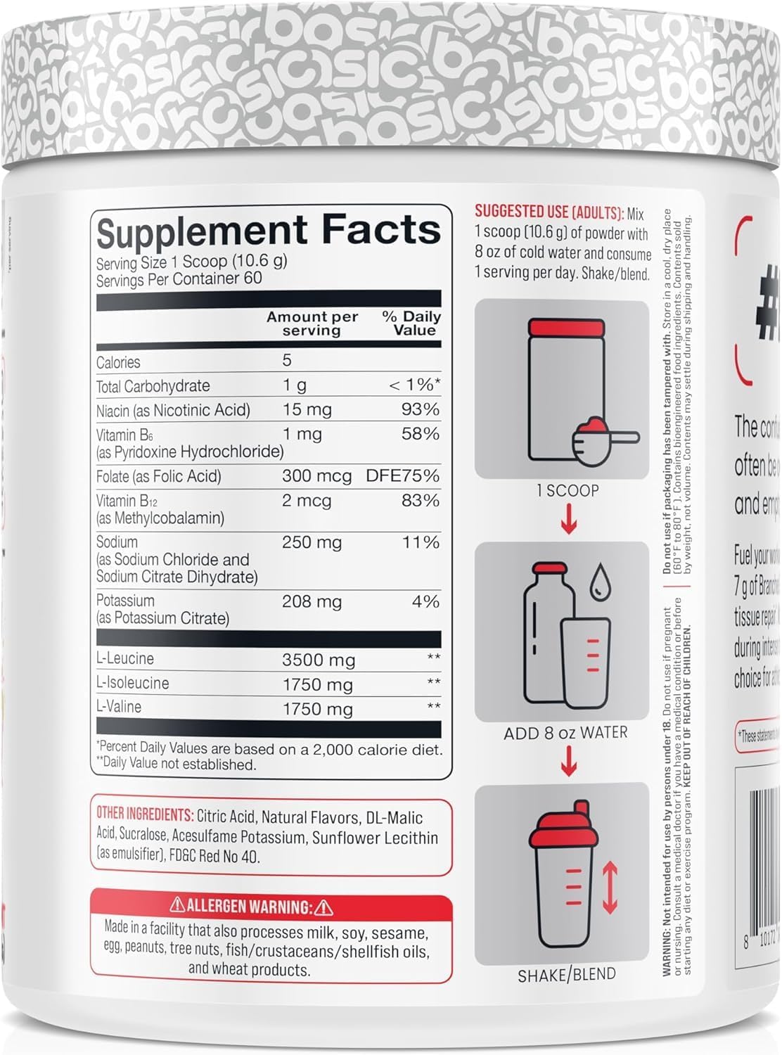 BASIC SUPPLEMENTS BCAA Powder, Instantized Formula with 7g BCAAs, 2:1:1 Ratio, 450mg of Electrolytes, Sugar-Free, Vegan, Gluten-Free, Supports Muscle Recovery