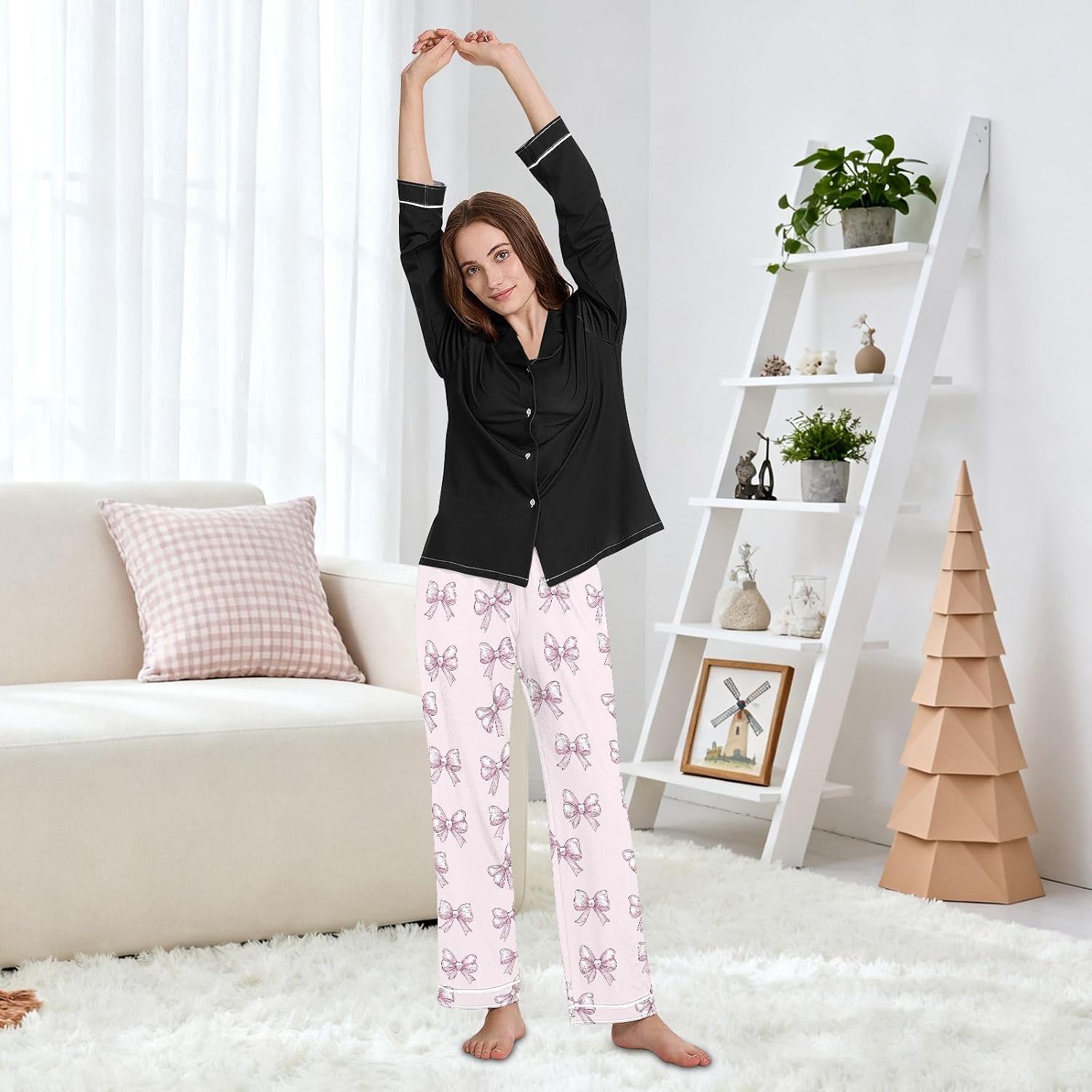 Pajama Pants Women Bows Pink Printed Soft Sleep Lounge Pj Bottoms with Pocket S-XXL