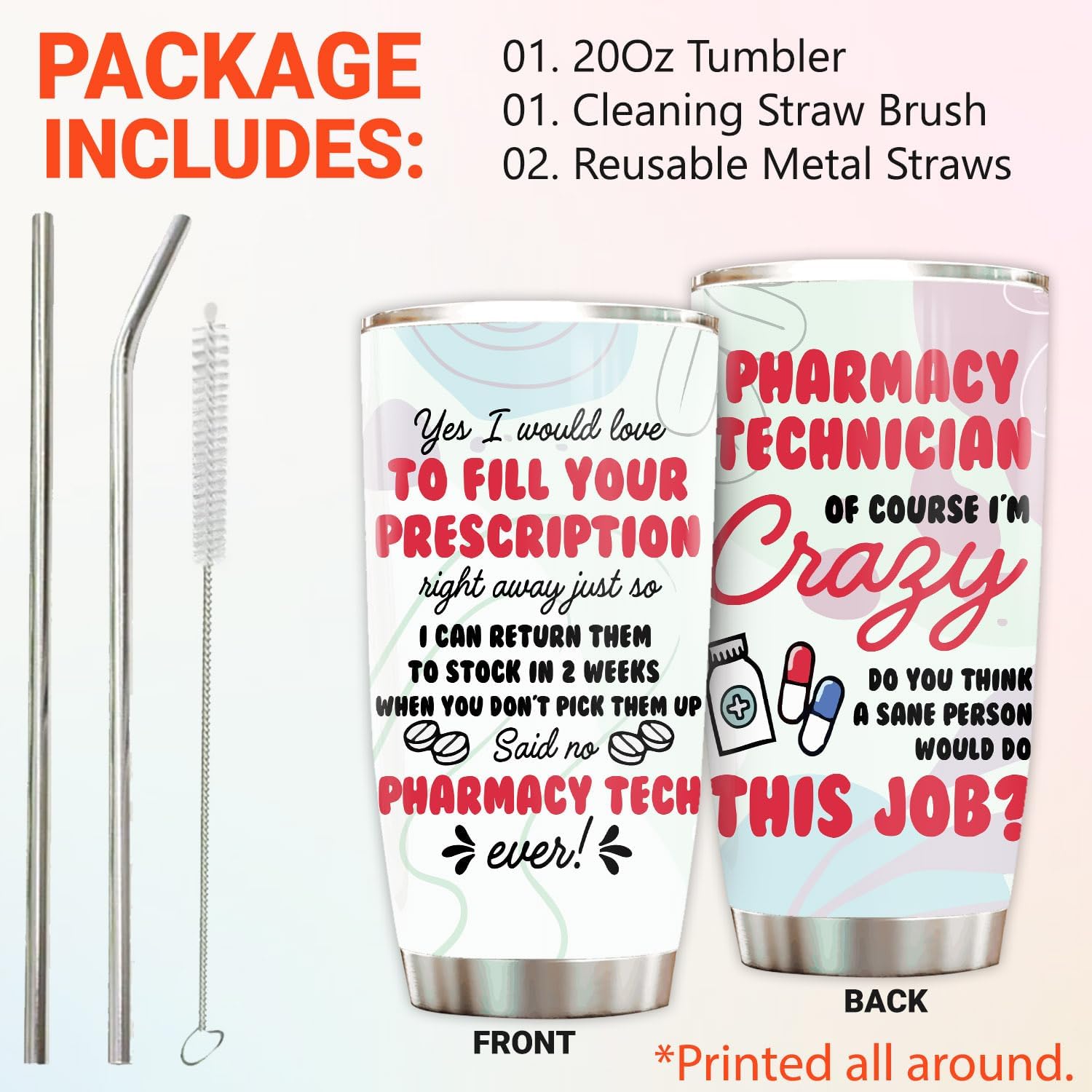 Pharmacy Tech Tumbler Stainless Steel 20oz Straw Lid, Funny Pharmacy Technician Gifts Bulk For Birthday Christmas, Pharmacy Tech Week Gifts For Women Men, Pharmacy Coffee Cup - Image 2