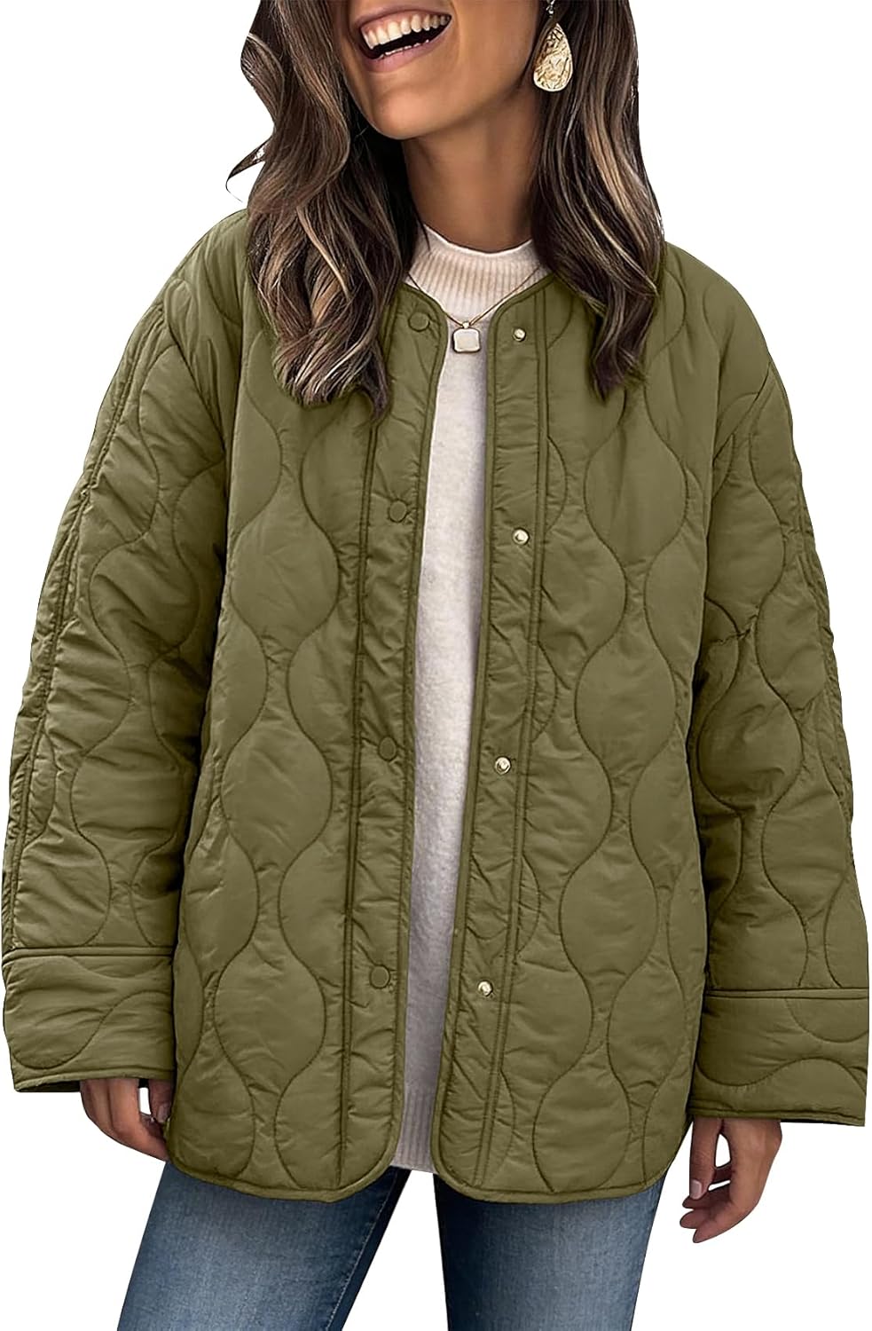 PEHMEA Women's Oversized Lightweight Quilted Jacket Button Down Fall Winter Coats Puffer Padded with Pockets