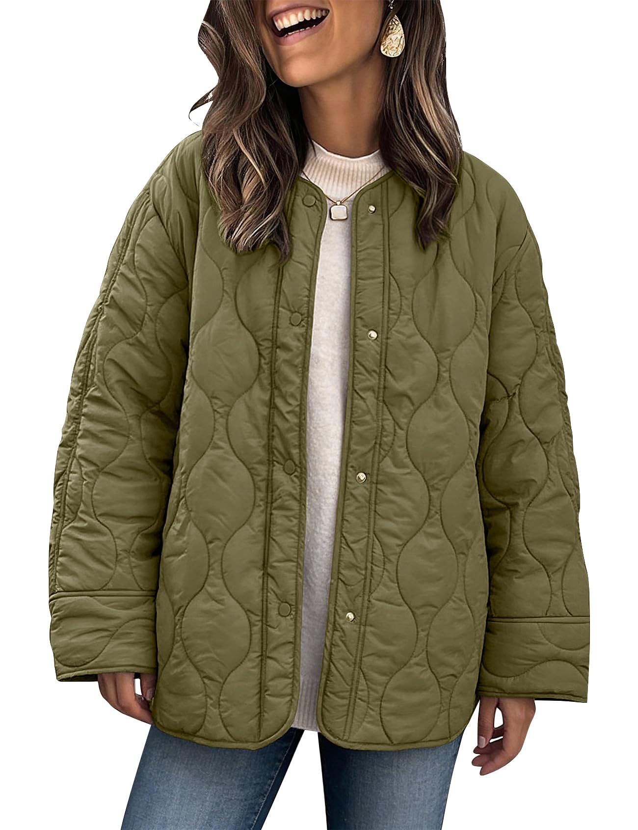 PEHMEA Women's Oversized Lightweight Quilted Jacket Button Down Fall Winter Coats Puffer Padded with Pockets