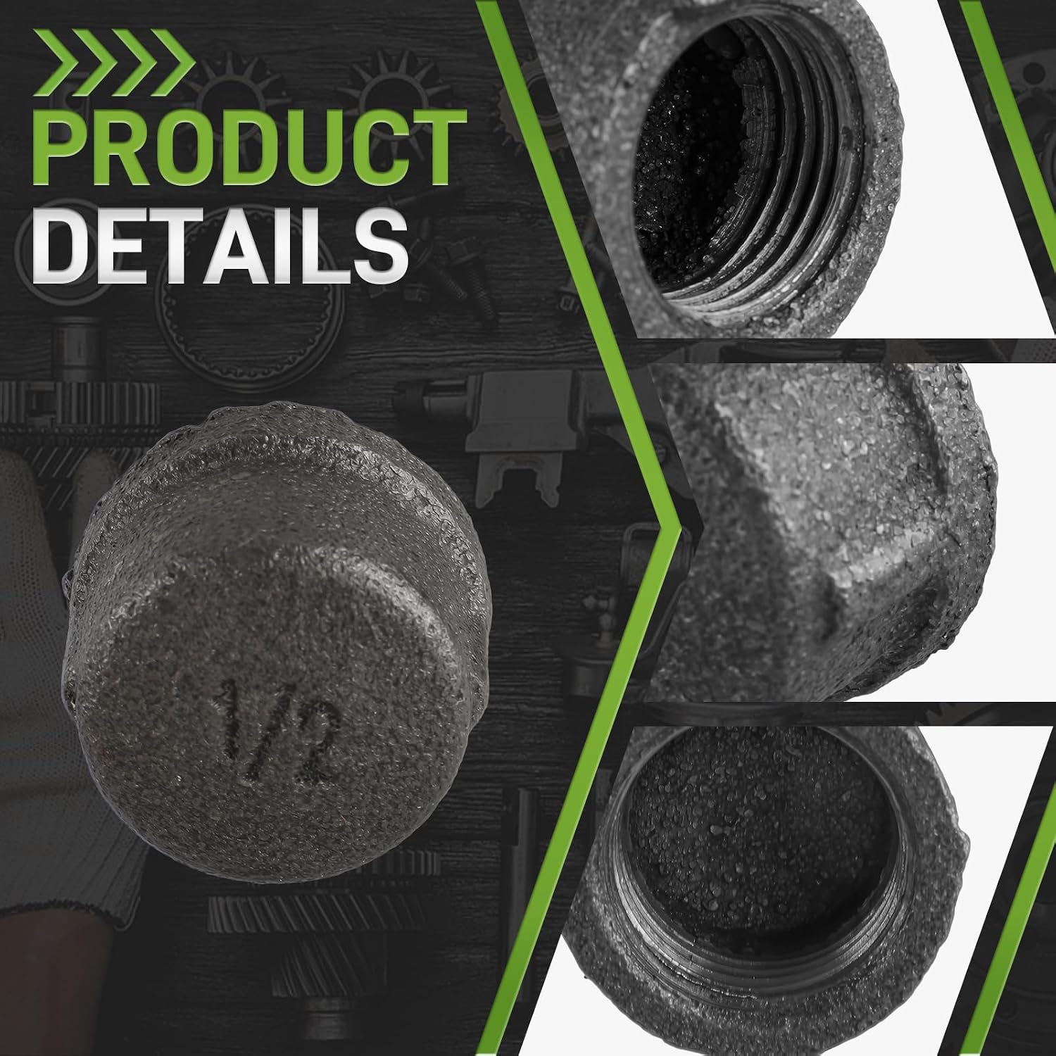 Pack of 10 Malleable Iron Cast Pipe Fitting Cap Caps 1/2" Inch Threaded Pipe Nipples for Industrial Vintage Style, DIY decor Black
