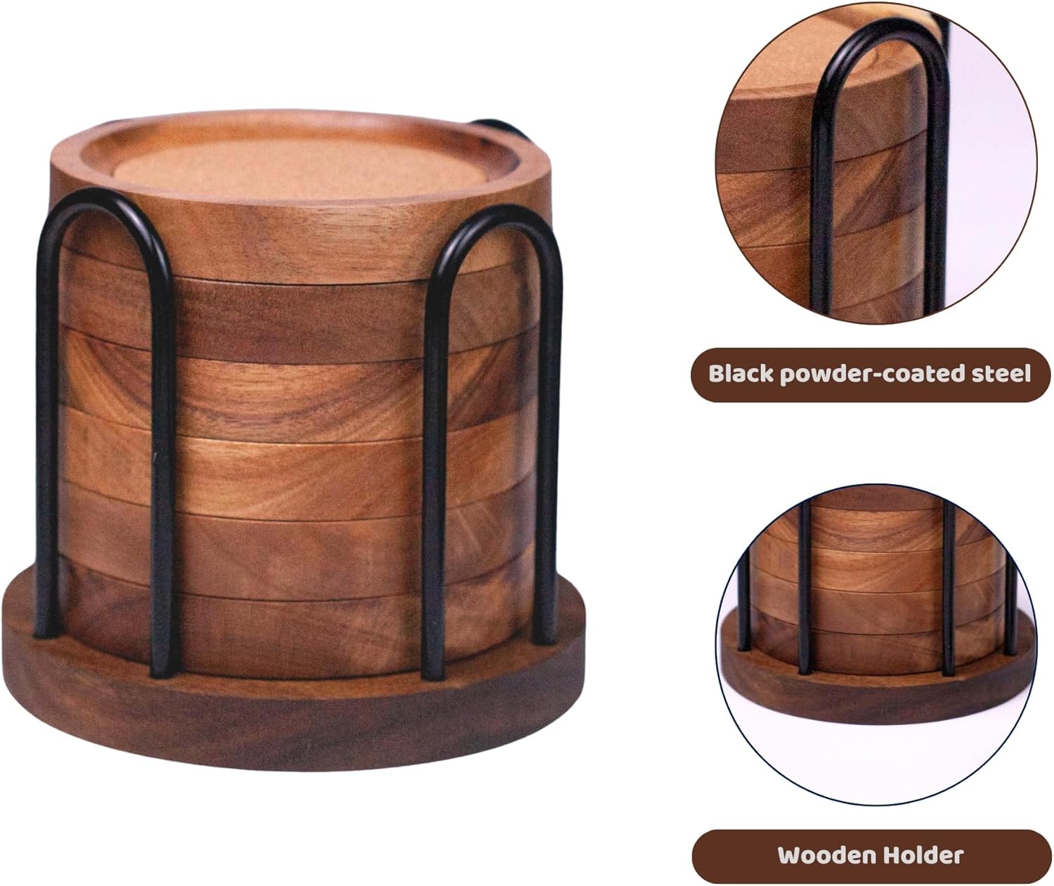 Wood Coasters for Drinks with Metal Holder, Wooden Coaster with Cork for Tabletop Protection, Drink Coasters for Coffee Table, Desk, 4.33 Inch, Set of 6 (Medium Size)