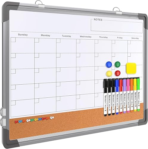 Calendario mensual pizarra blanca de borrado en seco combinación de tablero de corcho para pared, pizarra magnética de borrado en seco de 24 x 18