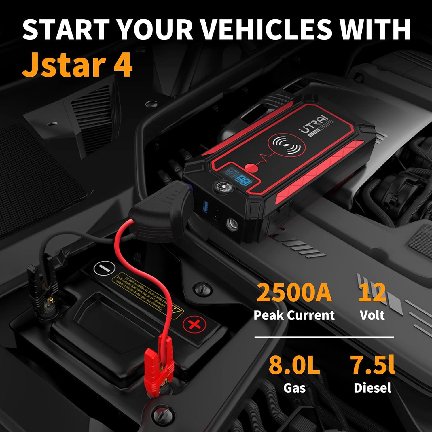 UTRAI Jump Starter connected to a car battery in an engine bay, showing 2500A Peak Current, 12 Volt, 8.0L Gas, 7.5L Diesel compatibility.