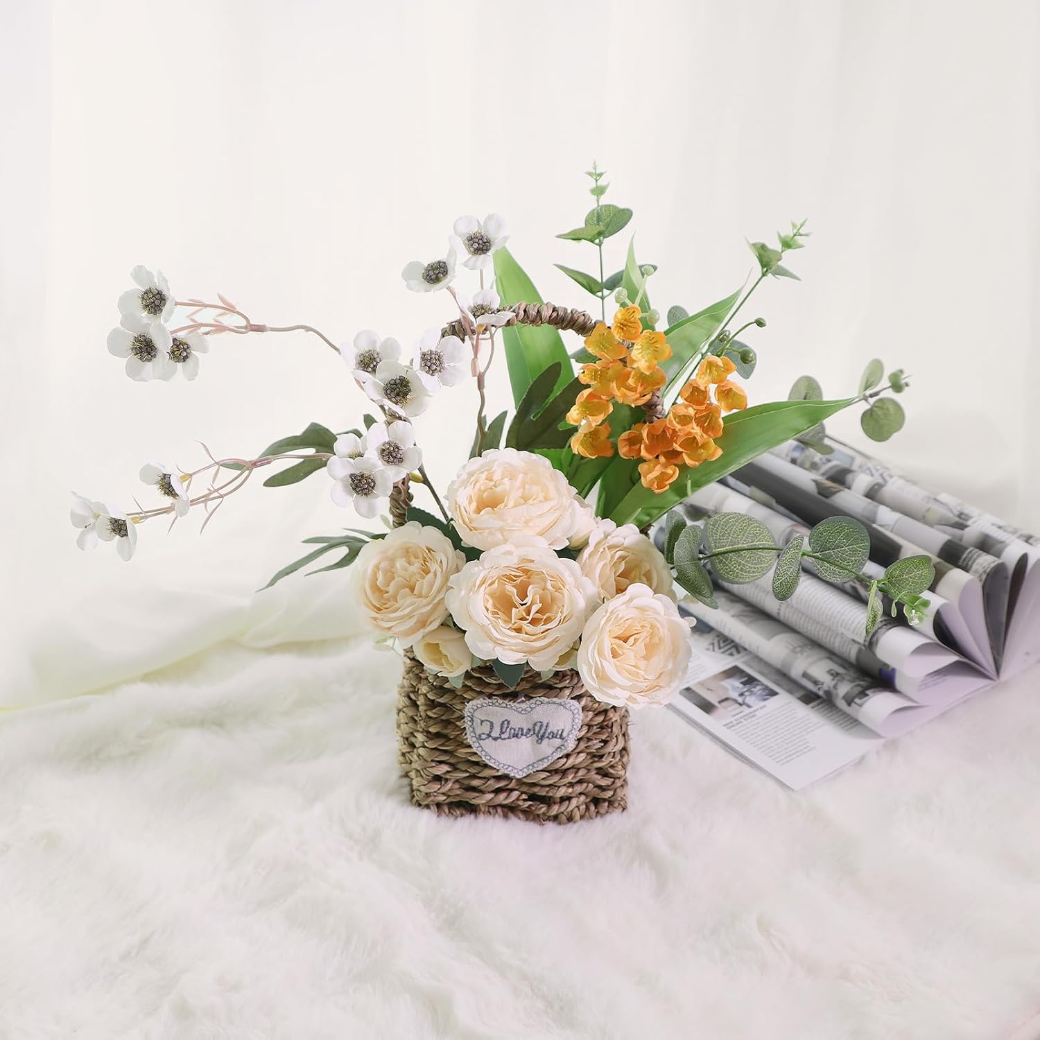 Artificial Flower Arrangement in Woven Basket with Heart Design, Wooden Woven Basket Mixed White Roses and Yellow Orchidsfor Home Decoration Dining Table Centerpiece