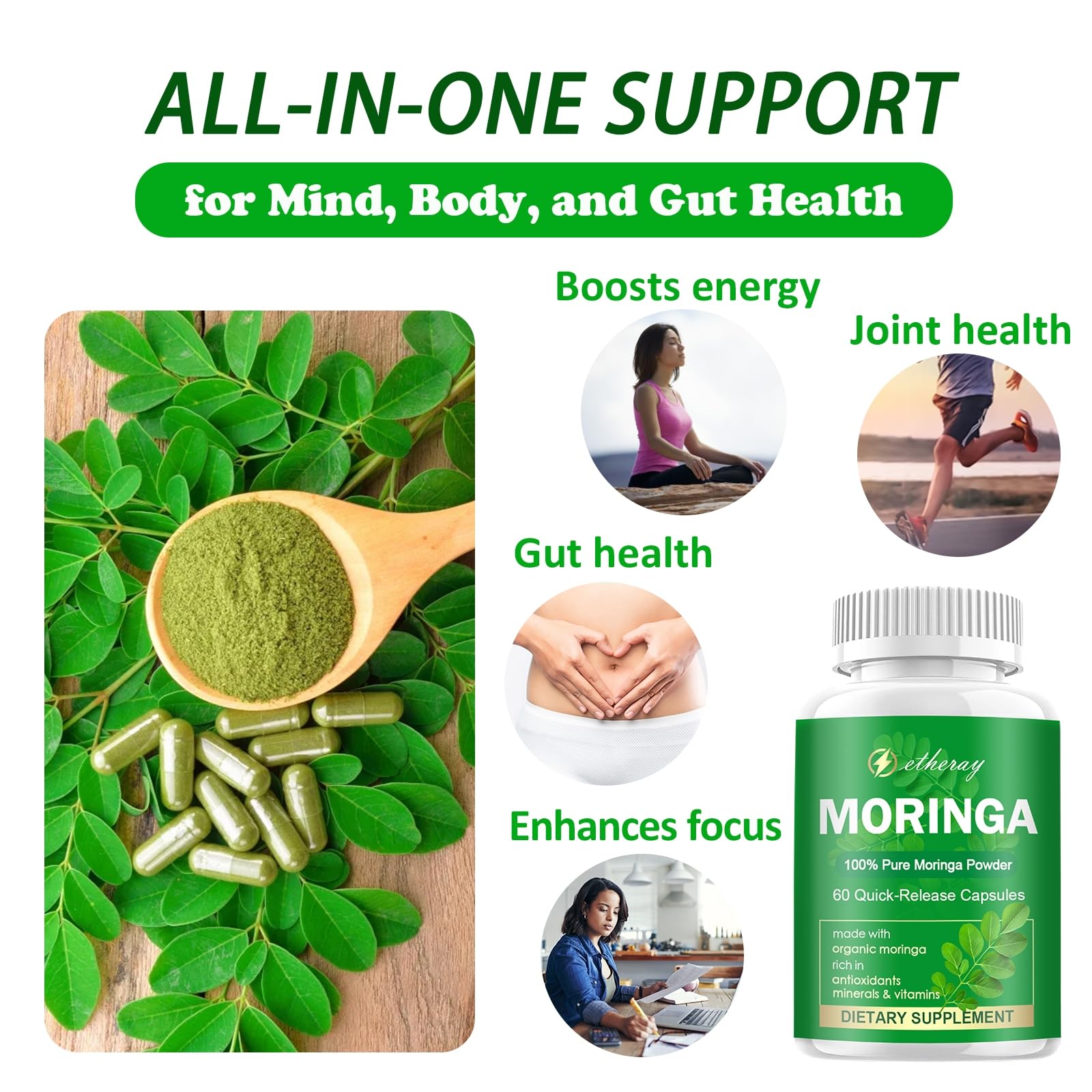 Moringa Capsules, Pure Moringa Powder 800mg per Serving - Rich in Antioxidants Multi Minerals & Vitamins | Green Superfood - Natural & Vegan Supplement - 60 Capsules — Amazon image 2