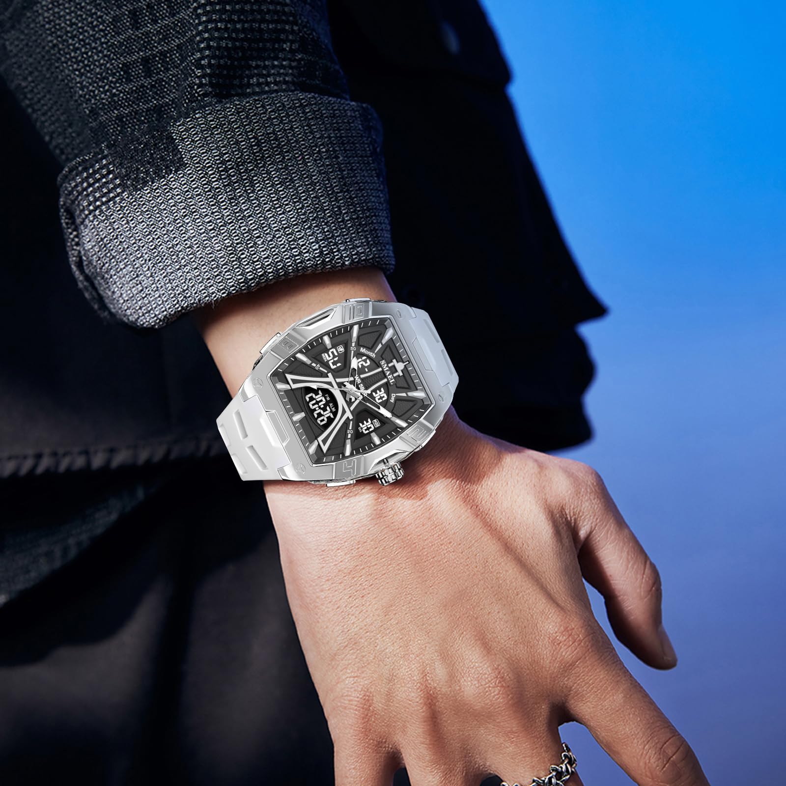 Gosasa Montre de sport analogique et numérique pour homme - Résistante à l'eau jusqu'à 50 m - Avec rétroéclairage LED, chronomètre, alarme, date et semaine - Bracelet en silicone