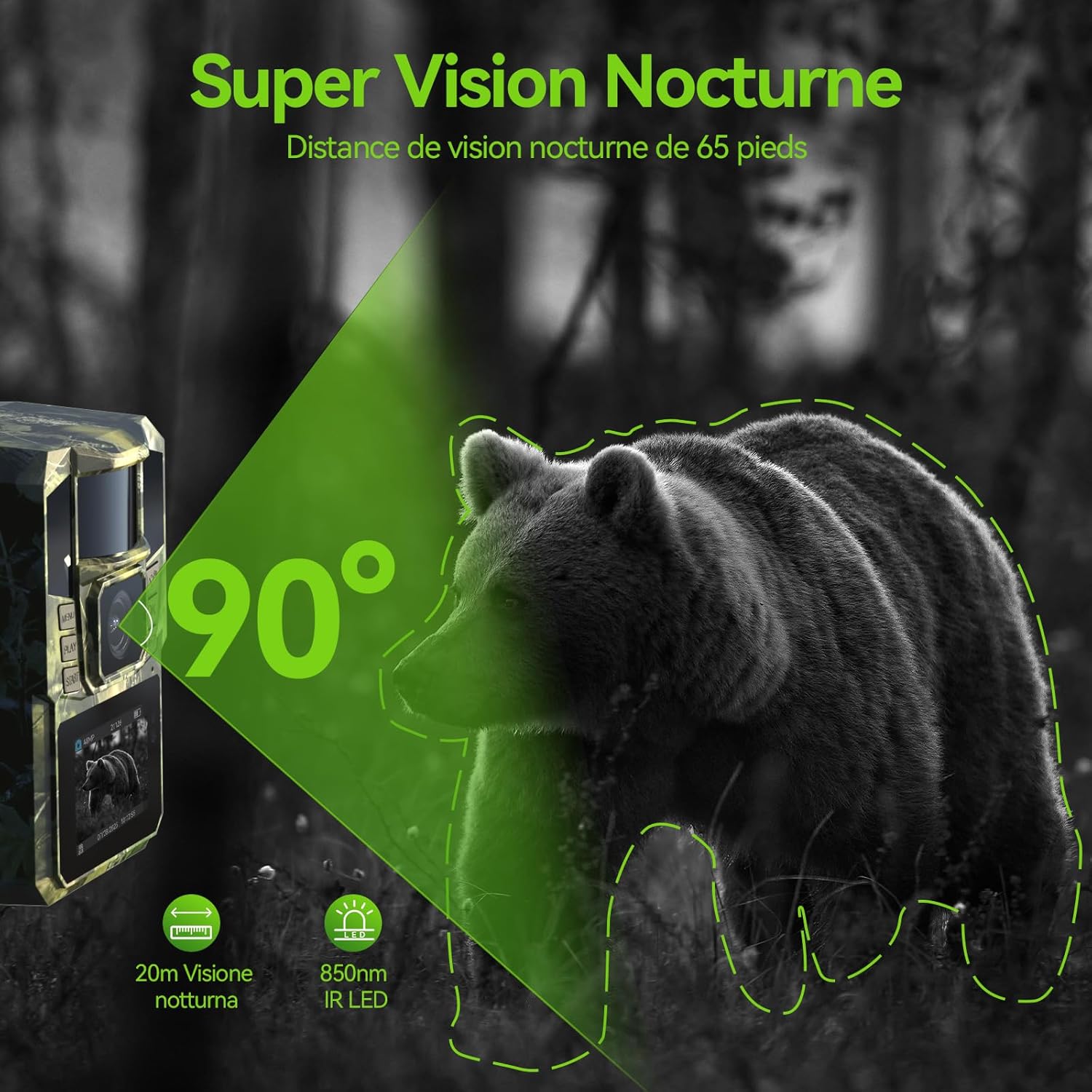 DEATTI T6 Trail Camera demonstrating its 65-foot night vision range with a bear in a dark forest setting.