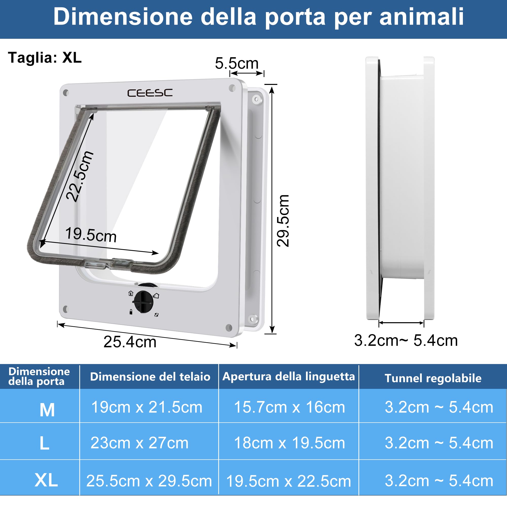 CEESC Gattaiola per gatti extra large (dimensioni esterne 29,5 x 24,9 cm), girevole a 4 vie, con chiusura a 4 vie, porta per interni ed esterni, porta per animali domestici resistente alle intemperie