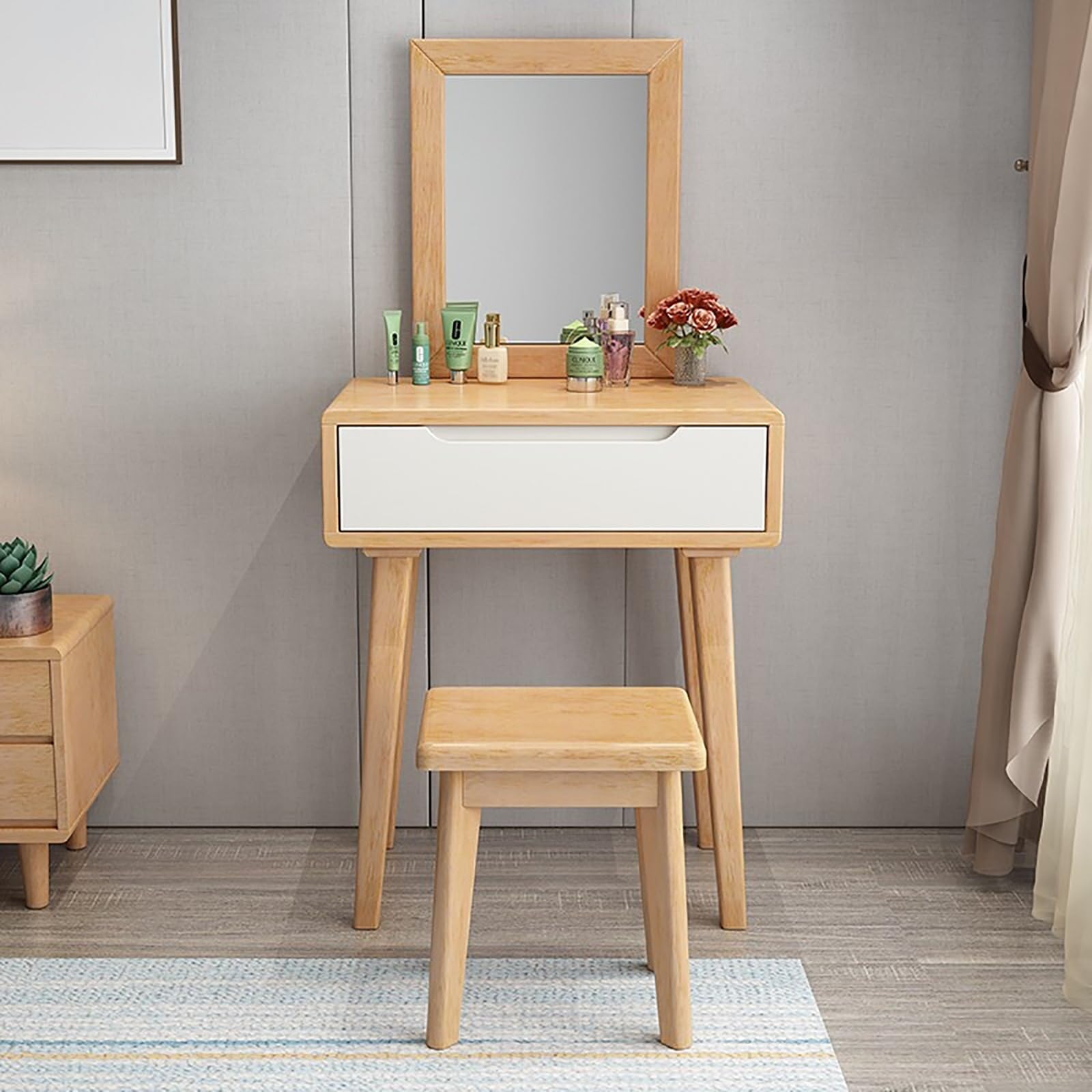 asdchZen Elegant White Vanity Desk Set With Mirror, Cushioned Stool, And Drawer-Perfect Makeup Table For Bedroom And Dressing Room-Ideal For Girls And Women.,Original Wood White-60x40x75cm