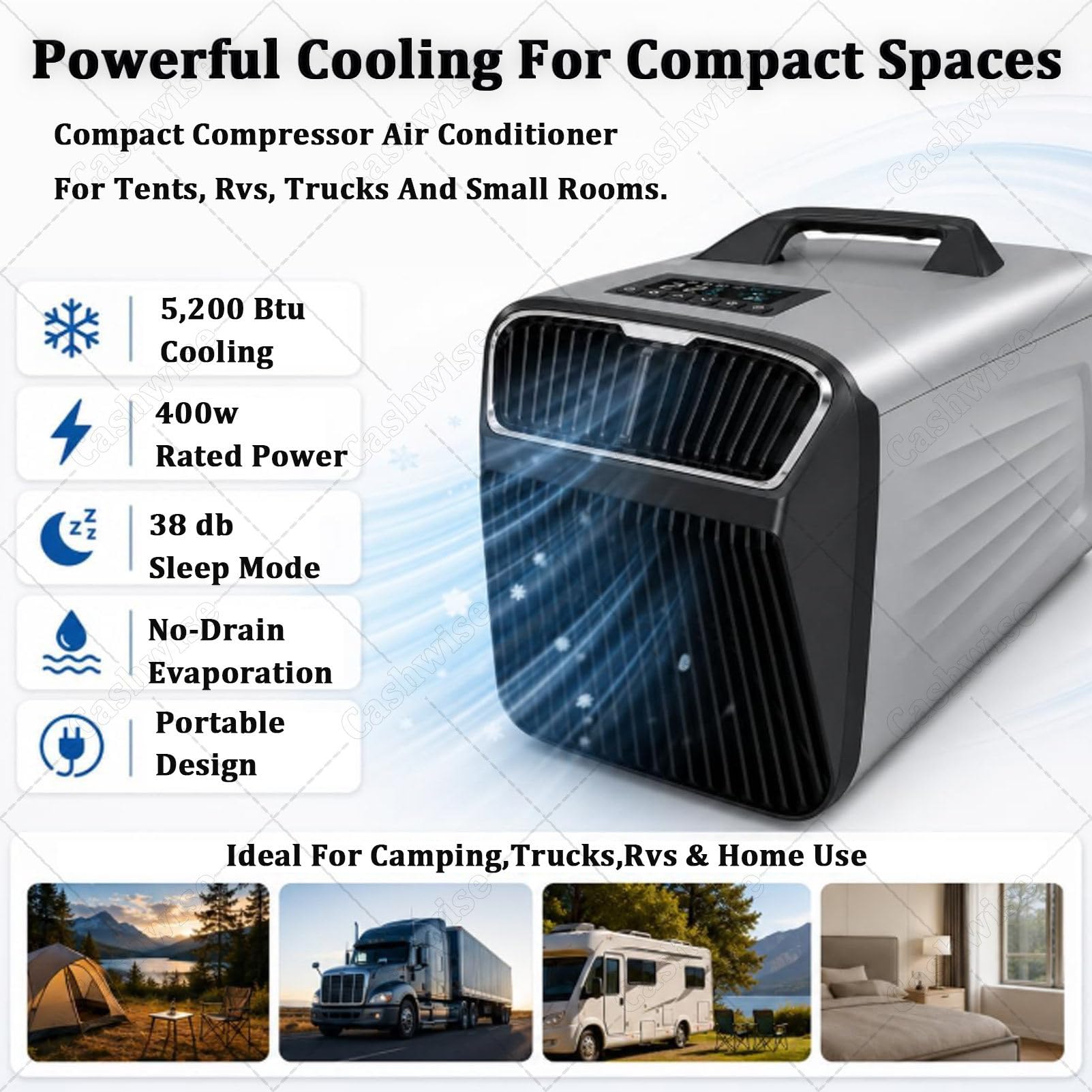 Condizionatore portatile da 5200 BTU con compressore – Silenzioso ed efficiente (basso consumo energetico) – Ideale per e camper – Funzioni: raffreddamento, deumidificazione, ventilazione Silver