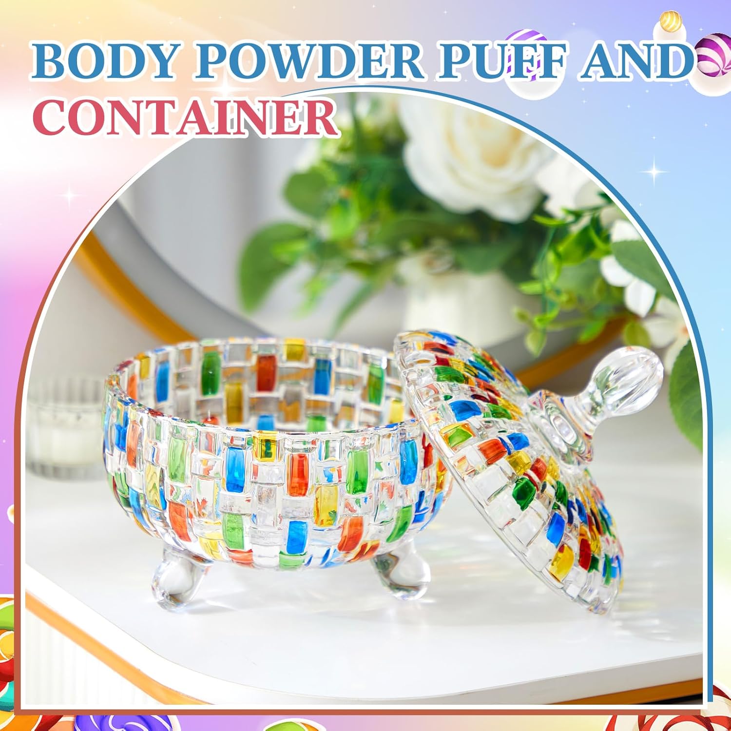 Tioncy 2 Pcs Extra Large Dusting Powder Puff and Container for Women-6'' Glass Crystal Dusting Powder Container with Body Soft Washable Reusable Velour Face(Clear,Classic)(Multicolor,Weave Design) - Image 2