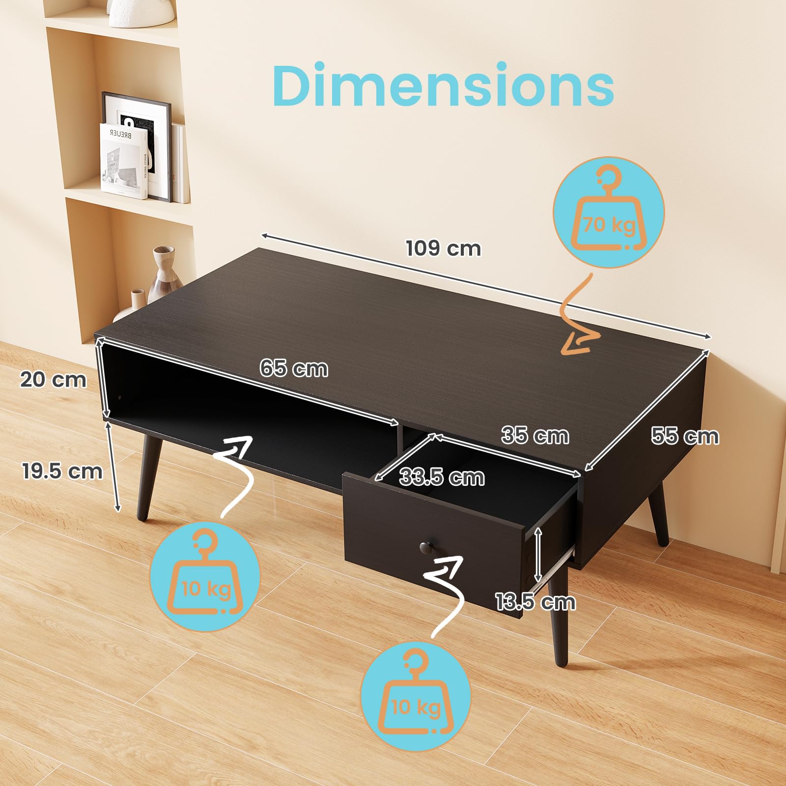 LIFEZEAL Tavolino Salotto, Tavolino da Caffè, da Divano, con 1 Cassetto, 1 Scomparto, per Soggiorno, Moderno, Basso, Salvaspazio, in Legno, Metallo, Montaggio Facile, Max 90kg, 109x55x39,5cm, Nero