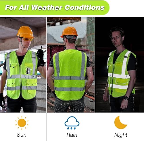 Miniatura 6 de Chaleco de seguridad de alta visibilidad para hombres y mujeres, chalecos reflectantes con bolsillos y cremallera para trabajo al aire libre