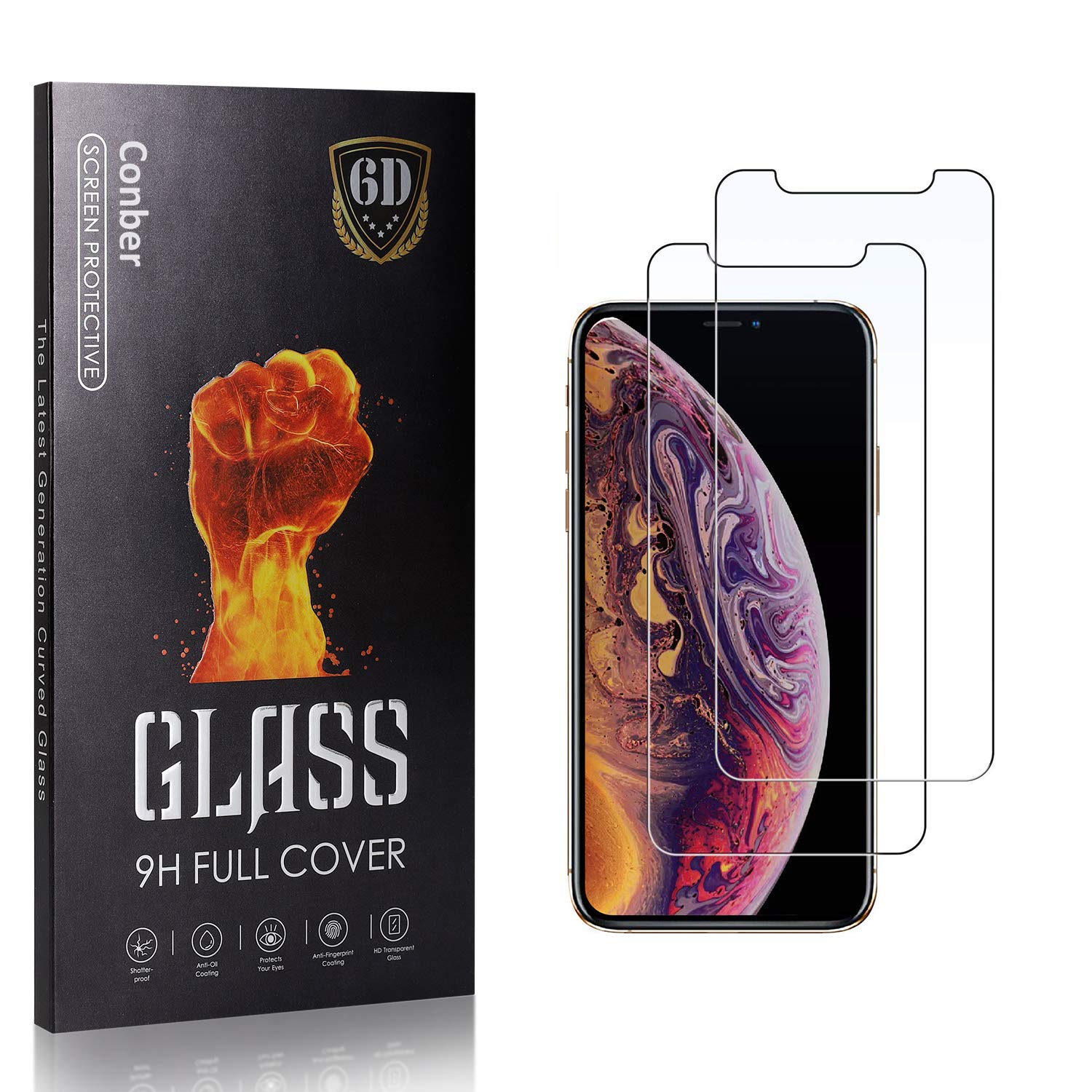 Conber (2 Pack) Screen Protector for iPhone Xs/iPhone X, Tempered Glass Film [Case Friendly][Shatterproof][Scratch-Resistant] Screen Protector for iPhone Xs/iPhone X
