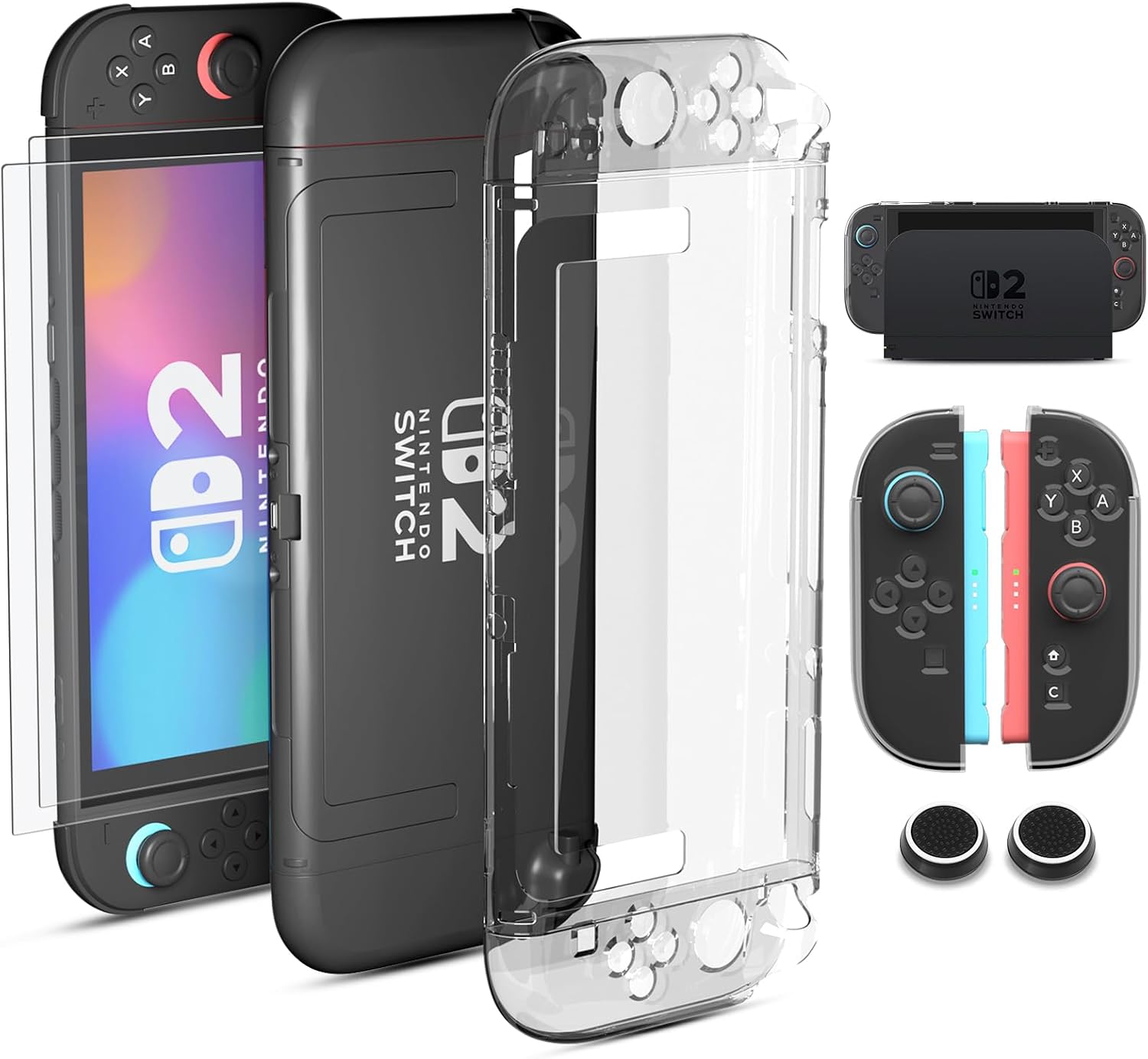 Etui do Nintendo Switch 2 2025, Wstrząsoodporne TPU, Przezroczyste, z Dokowaniem, 2 Szkła Ochronne, 2 Nakładki na Gałki (Ulepszone)