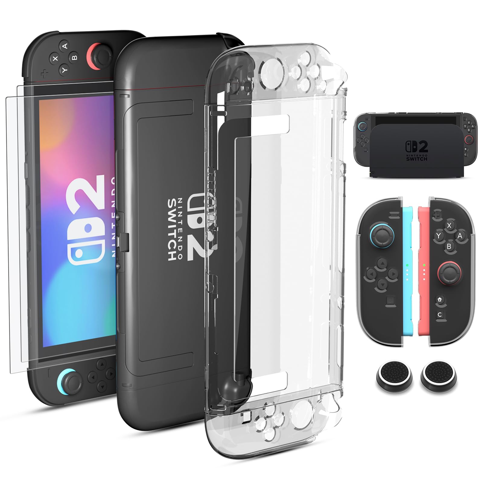 Cover Protettiva per Nintendo Switch 2 2025, Custodia Trasparente in TPU Resistente a Urti e Graffi, con Supporto, 2 Protettori di Schermo e 2 Cappucci per Manopola del Pollice