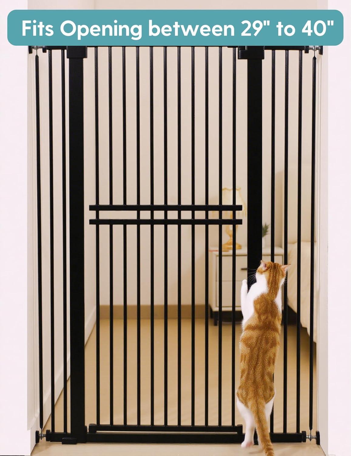 No Pawblems 71" Extra Tall Pet Gate for Cat, 29-40" Auto Close Cat Gate for Doorways/Stairs/Hallways, NO Drilling Pressure Mounted Tall Dog Gate Indoor, 1.37" Pet-Safe Gap, Black