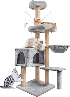 HOMIDEC Katzen Kratzbaum, 145 cm Katzenbaum Kletterturm, Kletterbaum Aktivitätskratzbäum mit Säulen vollständig mit Sisal umwickelt, Katzenspielzeug, Höhle, Plattformen, Liegemulde, Hellgrau product image
