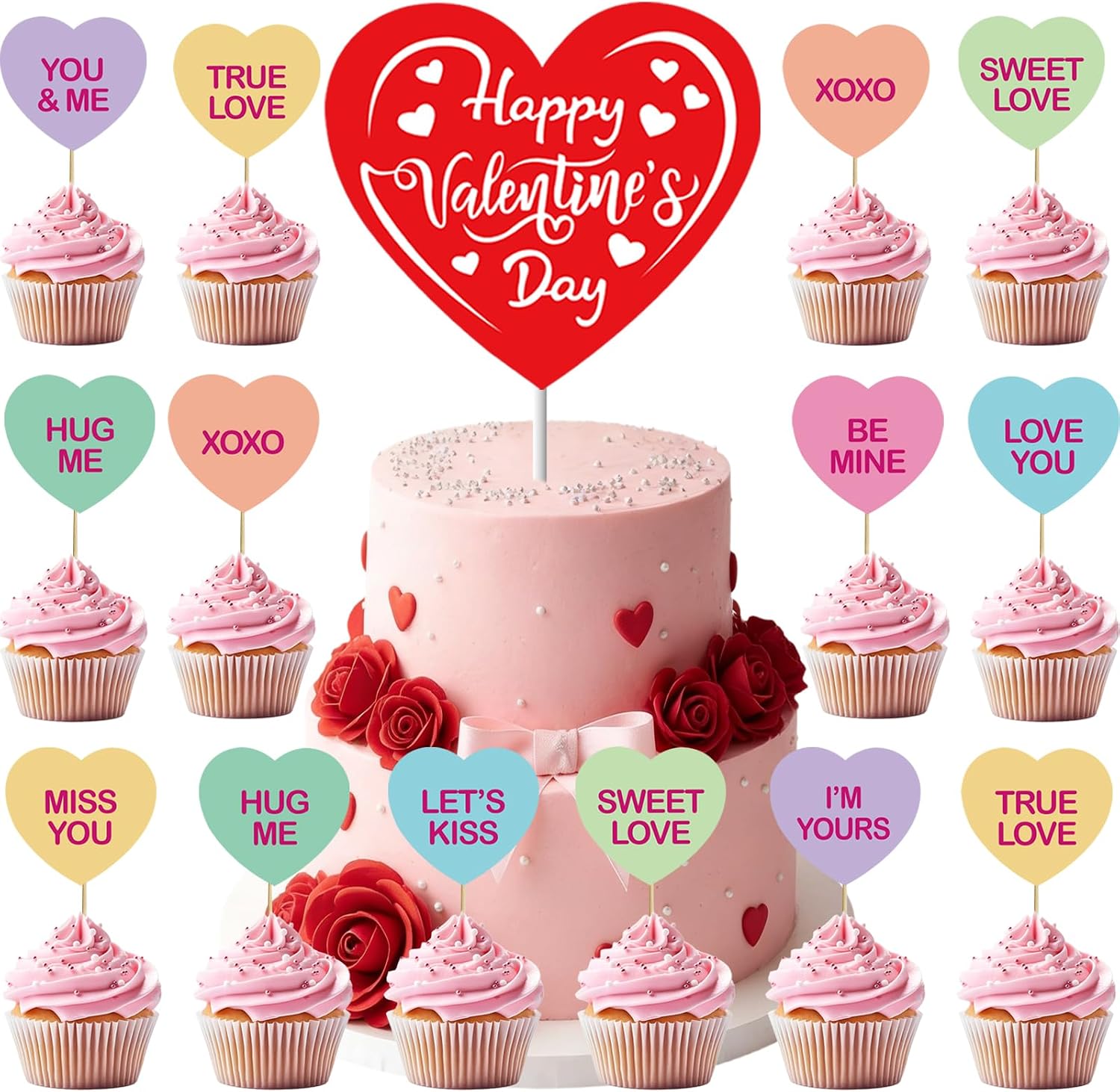 Valentine Cupcake Toppers & Big Cake Topper, 21Pcs Conversation Heart Cake Topper Colorful Heart Cupcake Picks for Galentines Anniversary Wedding Dessert Decoration