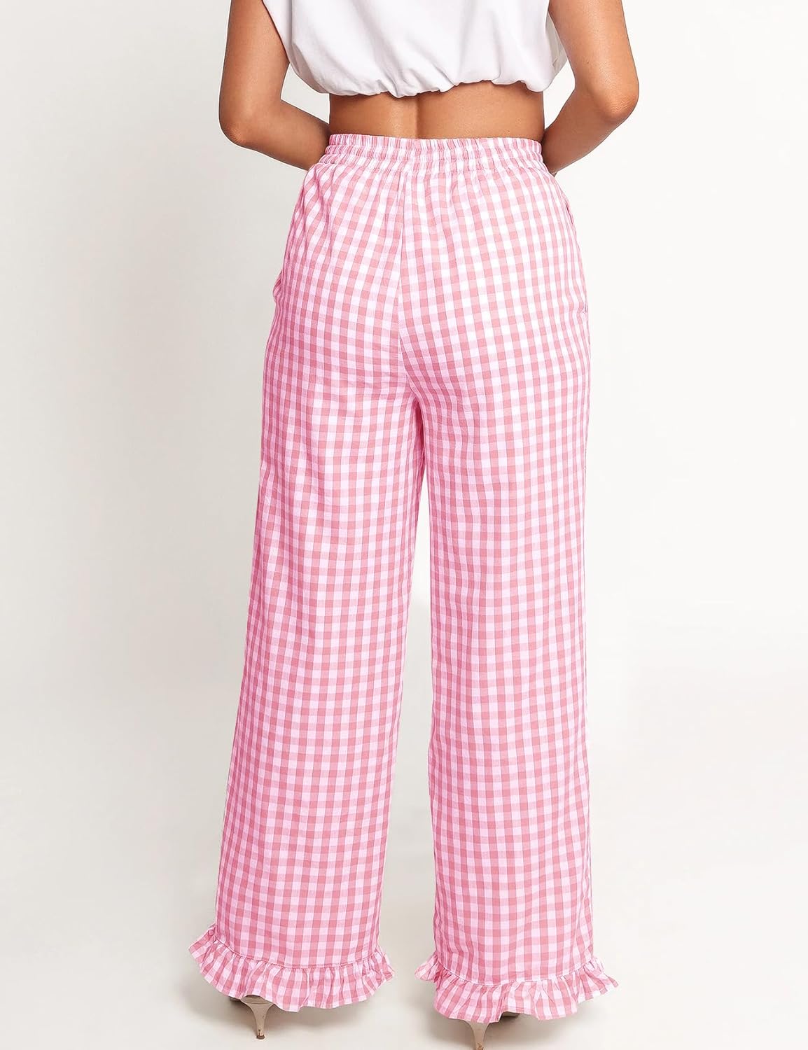 COZYPOIN Women's Gingham Pants Cotton Plaid Ruffle Hem Lounge Boxer Pant Y2K Pj Bottoms Casual Wide Leg Trousers with Pockets(Pink-S) - Image 2
