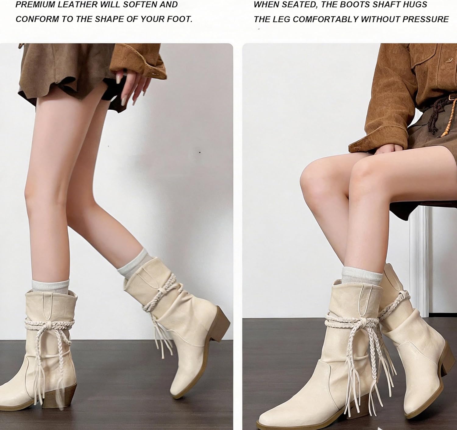 Mid Calf Cowboy Boots For Women Pointy Toe Suede Bohemian Western Boots with Low Chunky Heel & Woven Fringe