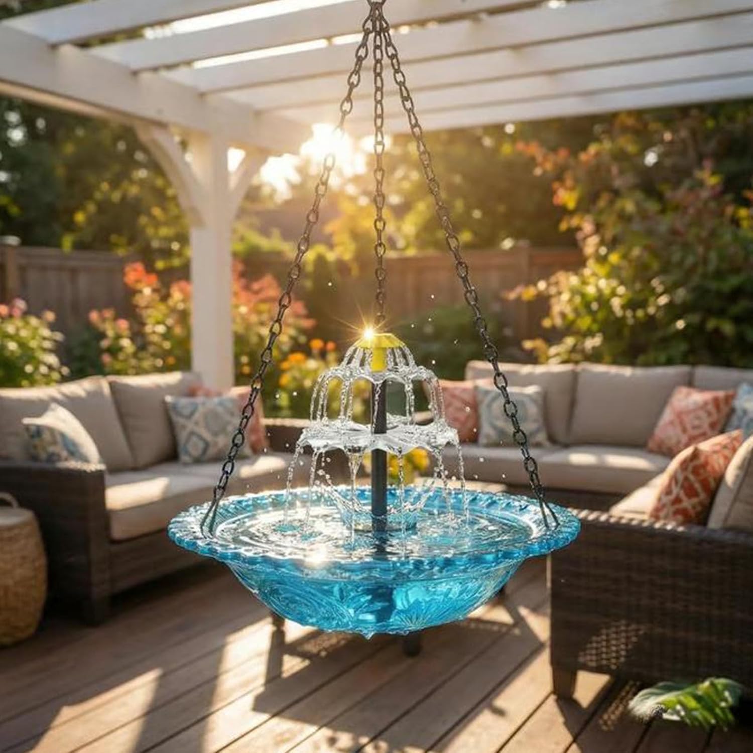 Hanging Solar Bird Bath Fountain, Solar Powered Cascading Outdoor Water Fountain, Hanging Bird Bath with Flowing Water, Decorative Garden Yard Patio Bird Bath Fountain (Blue)