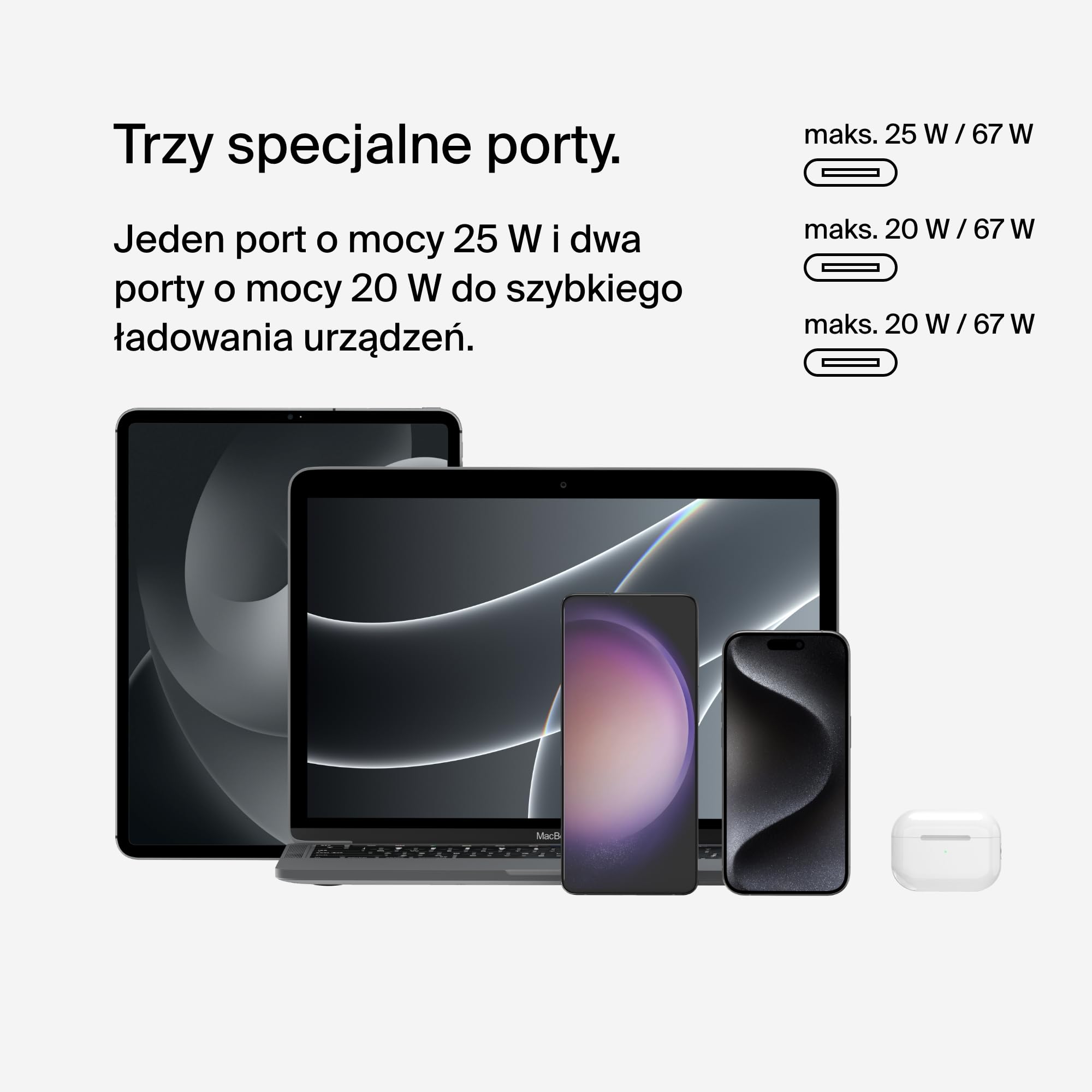Belkin BoostCharge 3-portowa ładowarka sieciowa USB-C z PPS 67 W, USB-C PD 3.1 do szybkiego ładowania urządzeń iPhone serii 15, MacBook Pro, AirPods, Galaxy i innych z obsługą PD – kolor biały