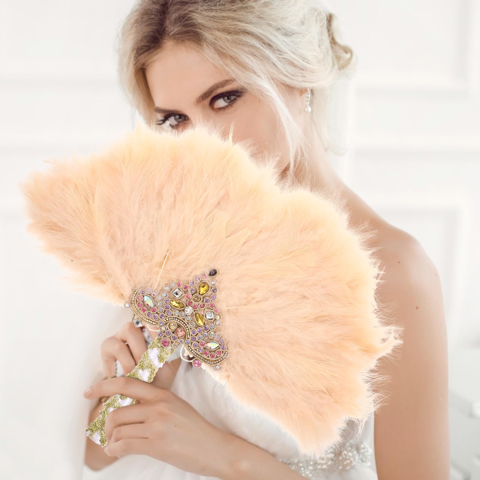 UKCOCO Accessorio Fotografico Elegante Ventaglio Fatto a Mano Strass in Plastica e Piume Beige per Sposa per Matrimoni e Cerimonie
