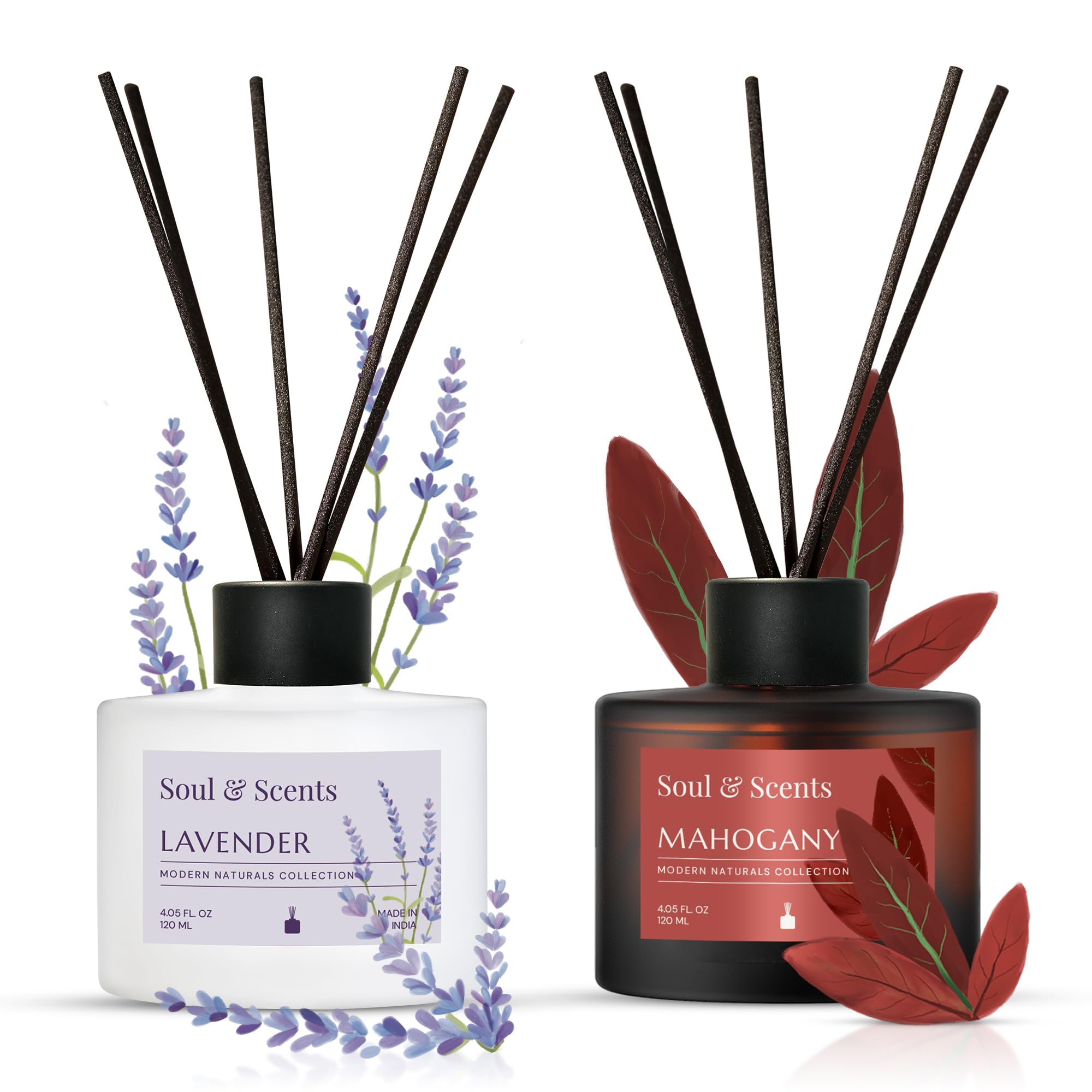 Soul & Scents Mahogany and Lavender Reed Diffuser Set - 120ml with Free 6 Fiber Reed Sticks Each | Toxin Free & Stress Relief| Long Lasting | Room Freshener for Home, Bedroom & Office| Combo Pack of 2