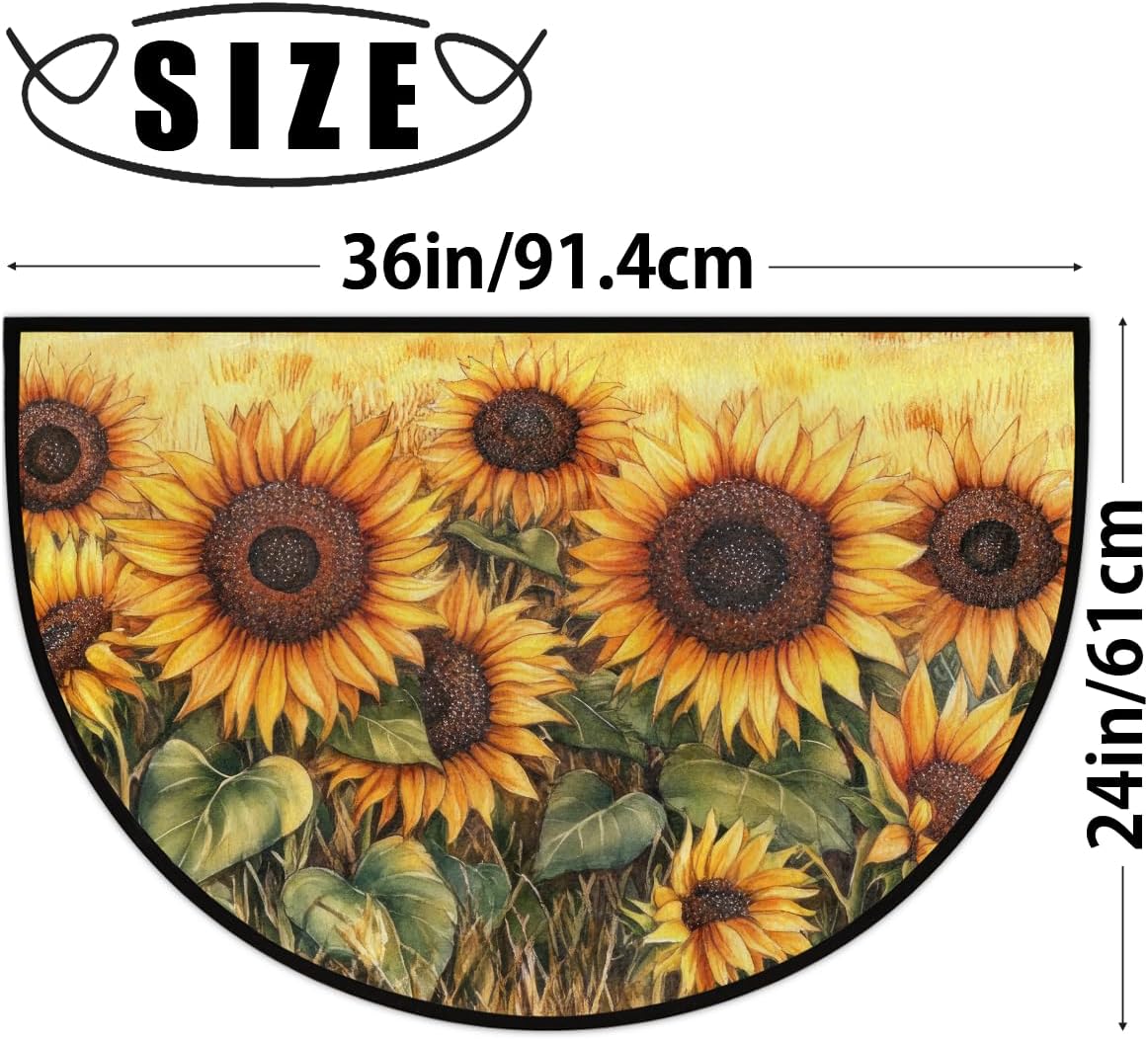 Half Round Door Mat Fall Flower Sunflower Half Moon Rug Washable Half Circle Area Rugs Indoor Entrance Non Slip Semi Circle Bathroom Rugs Floor Carpet for Kithen Bedroom Fireplace Decor