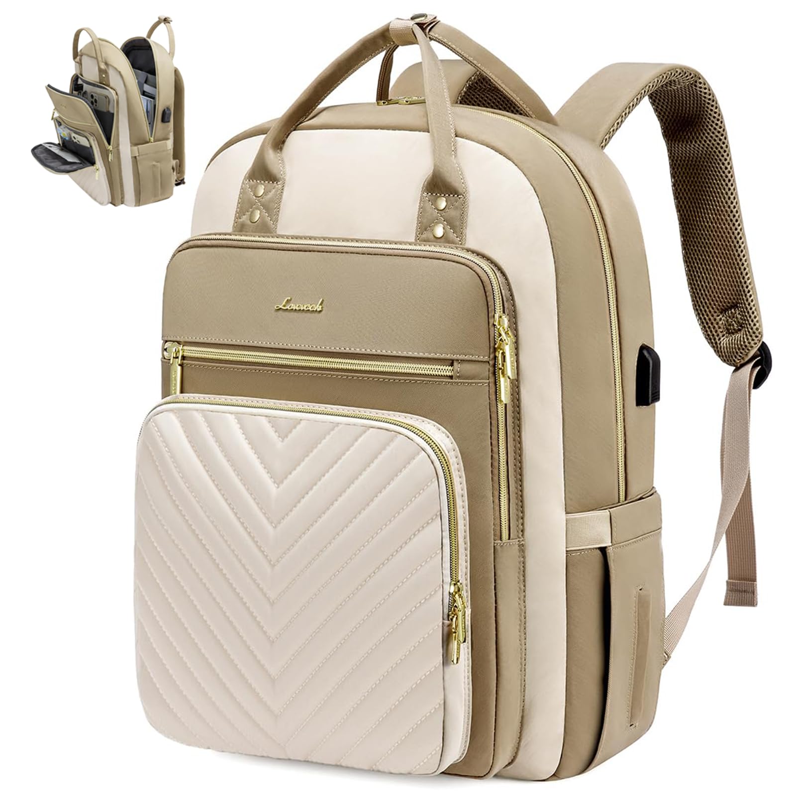 LOVEVOOK 15.6 Inch Laptop Backpack for Women,Large Capacity Work Backpack Purse for Women,Waterproof Travel Day Pack for Teacher Nurse,Khaki-Beige