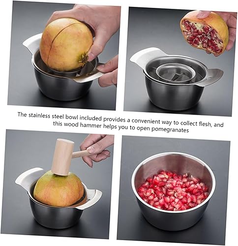 Miniatura 5 de Kichvoe Pelador de granada de acero inoxidable, herramienta de pelado de granada con cuenco y martillo de madera, herramienta de extracción de