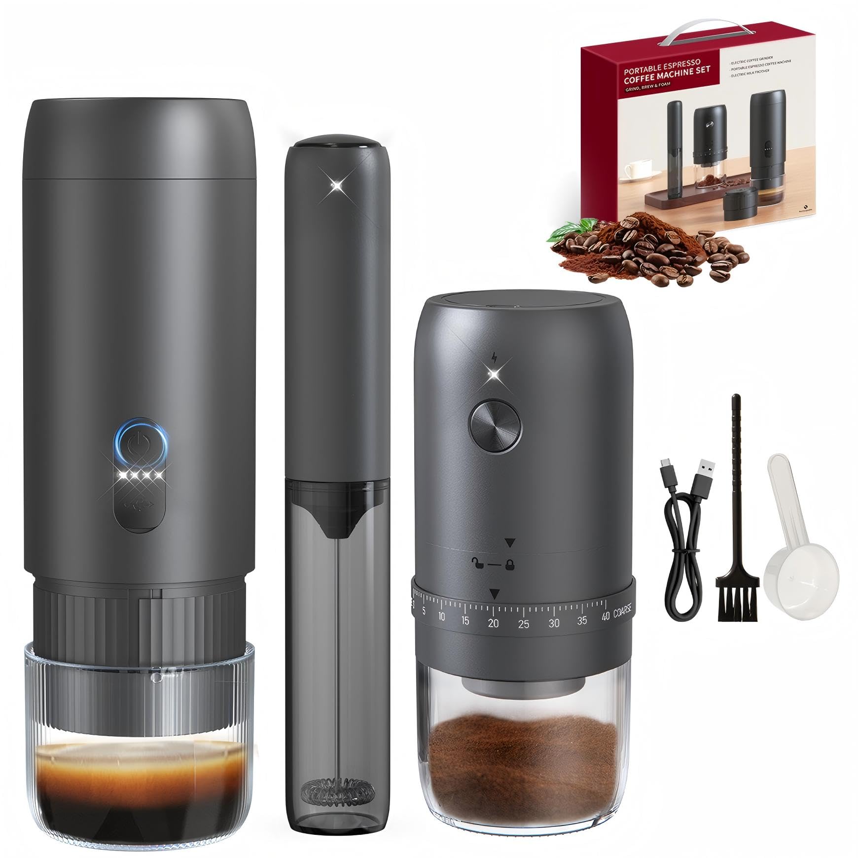 LAMA Juego de molinillo de café, espumador de leche, juego de cafetera portátil, máquina de café espresso eléctrica, máquina de cápsulas, compatible con pequeñas cápsulas de café y polvo de café para