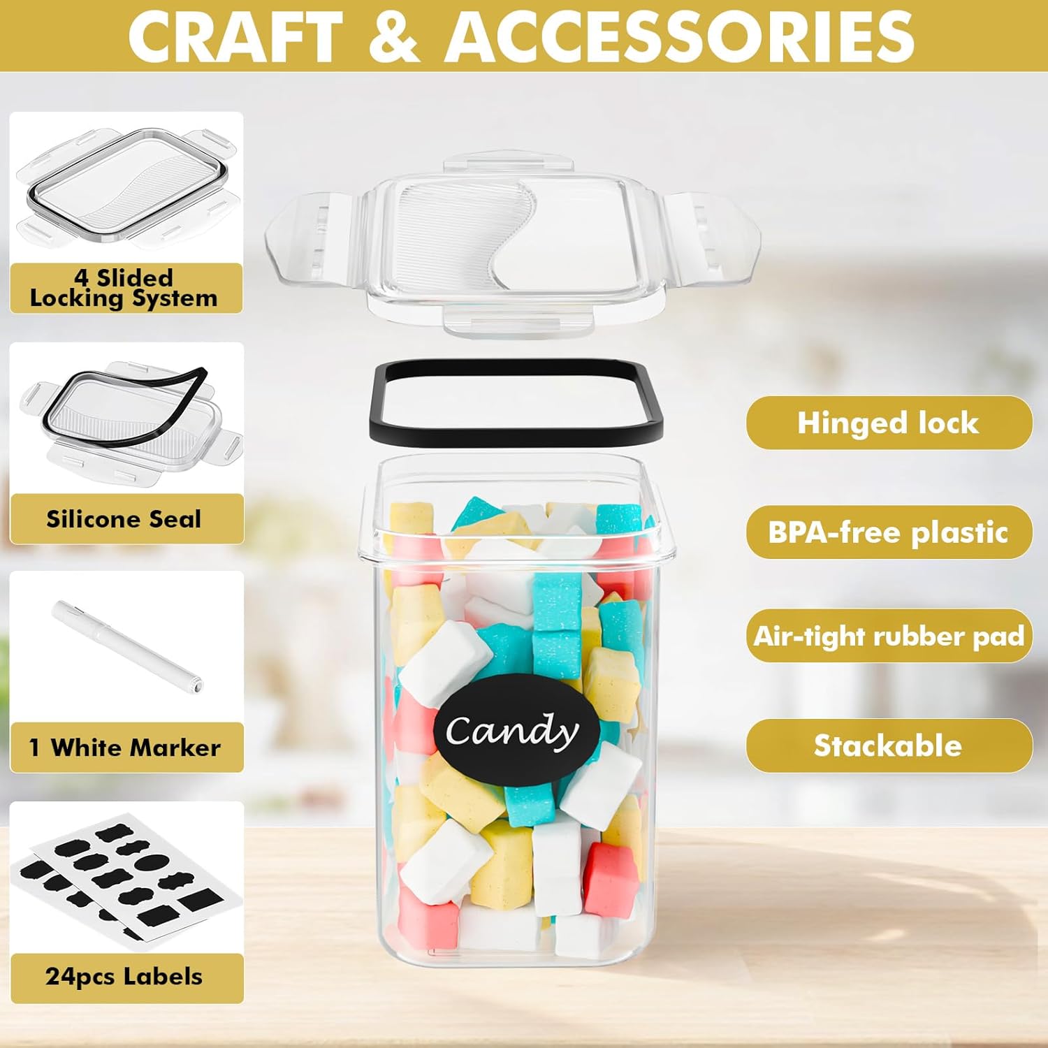 SNSLXH Airtight Food Storage Containers with Lids, 24 pcs Plastic Pantry Organizers and Storage Canisters for Cereal, Dry Food, Flour and Sugar, BPA Free, Includes 24 Labels - Image 3