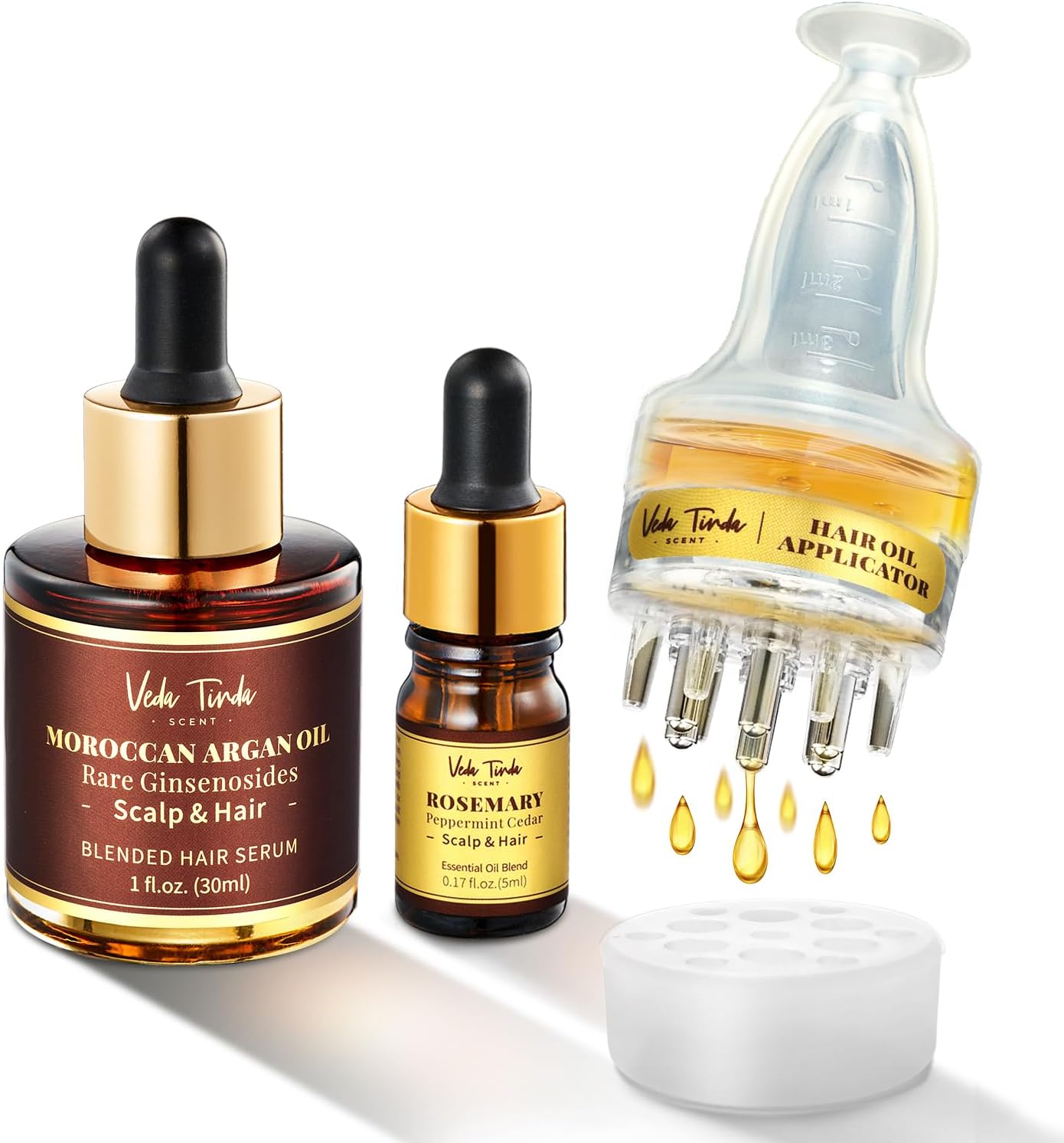 Hair Serum Applicator & Rosemary Oil & Moroccan Argan Oil Scalp Massager for Hair Growth Scalp Care Essential Oil Set for Men and Women
