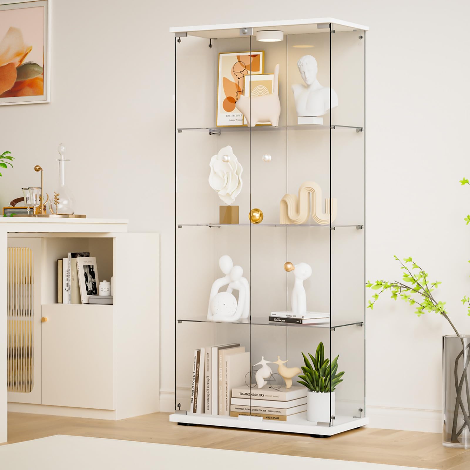 Glass Display Cabinet 4-Shelf 2 Doors with LED Push Light Lockable Glass Display Case with 4mm Tempered Glass Floor-Standing Bookshelf for Bedroom, Living Room, White