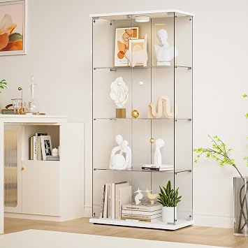خزانة عرض زجاجية 4-Shelf 2 أبواب مع LED دفع ضوء قابل للقفل غطاء زجاجي مع 4 مم من الزجاج المقسى - رف زجاجي قياسي لغرفة النوم ، غرفة معيشة ، أبيض