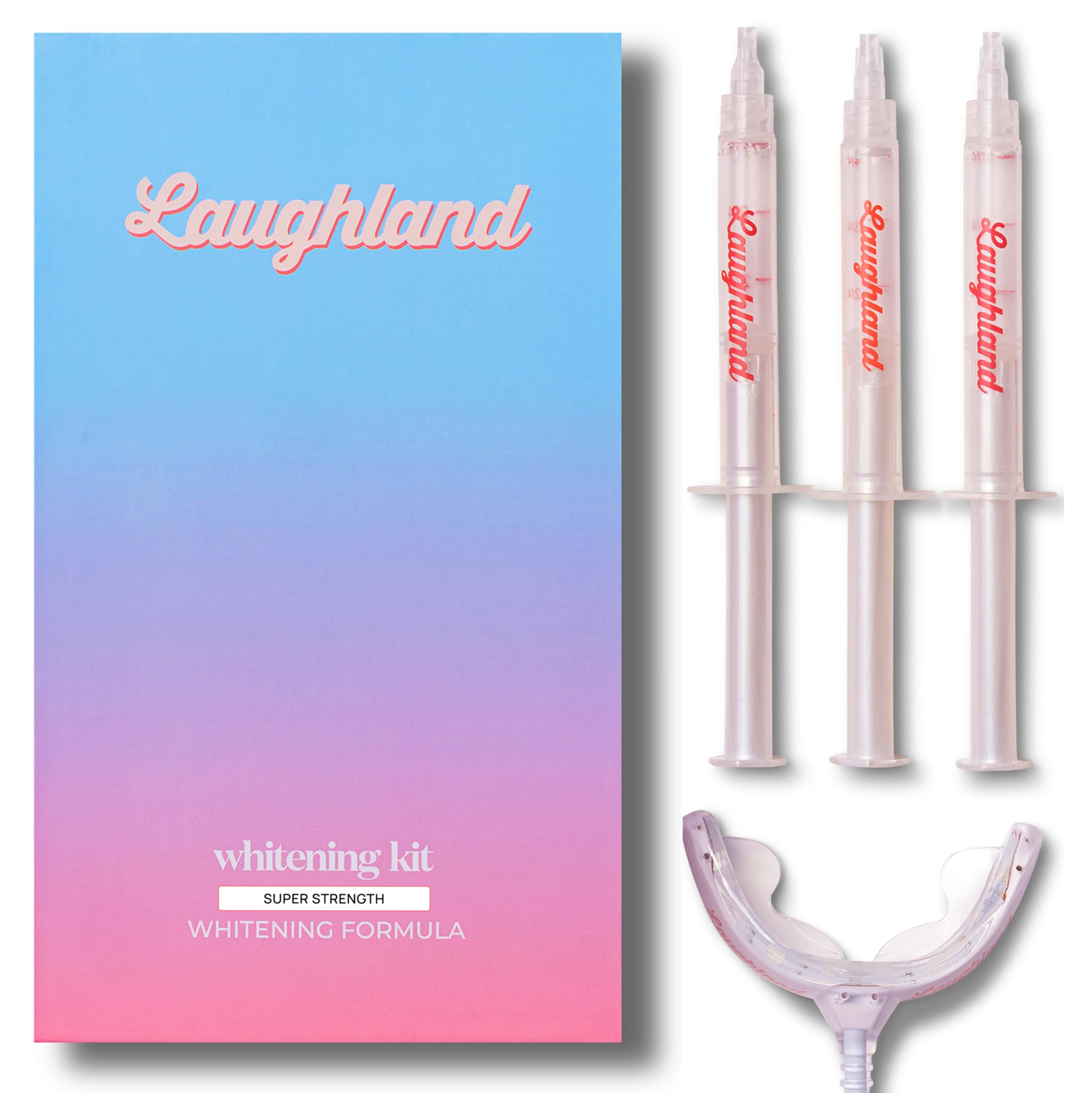 Laughland Super Strength Teeth Whitening Kit, Phone-Powered LED Mouthpiece & 3 Whitening Gel Syringes, 11% Hydrogen Peroxide, Glycerin, Aloe Vera &
